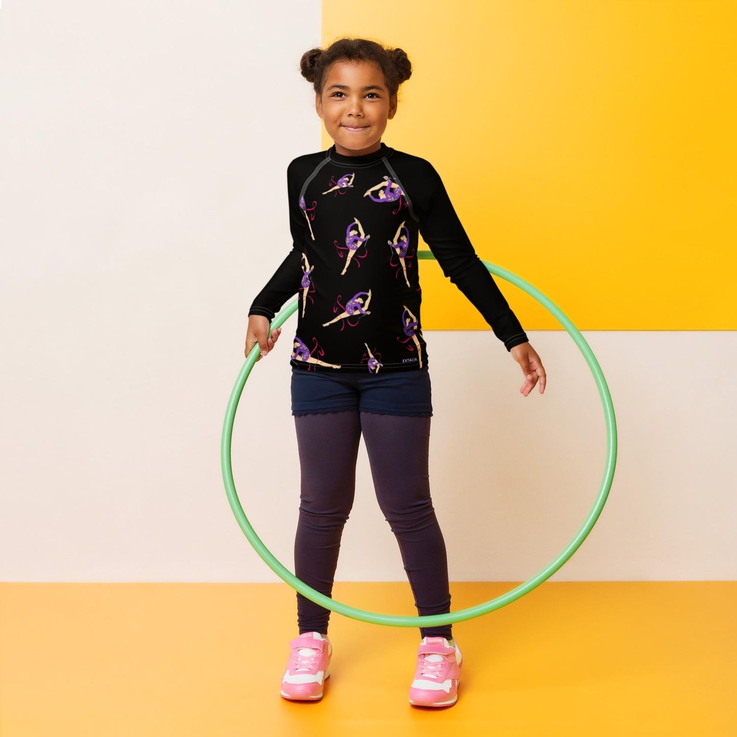 Rash guard pour petite fille – Noir – Compression légère, séchage rapide – Motif Gymnaste Danseuse