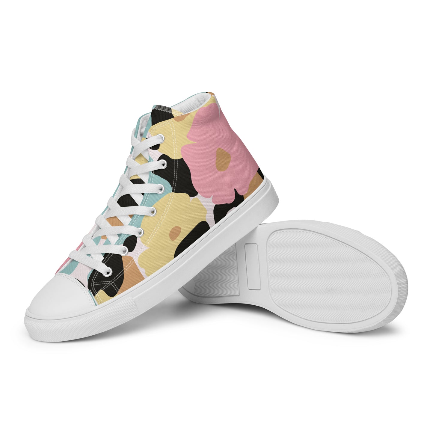 Baskets hautes femme - fleuri, pastel – détail semelle extérieure adhérente - semelle blanche