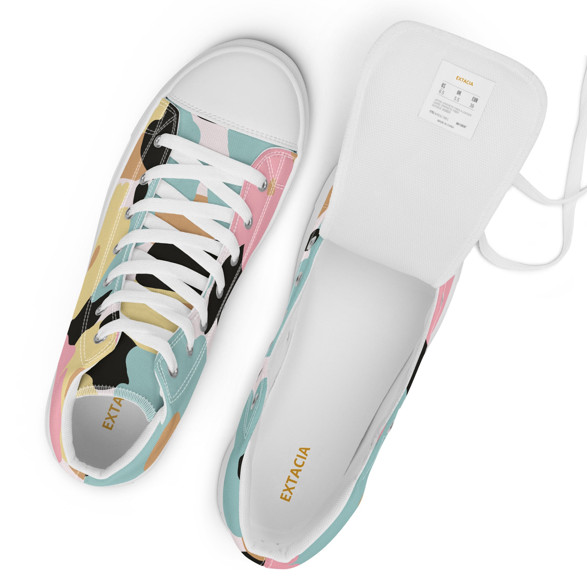 Baskets hautes femme - fleuri, pastel – vue de dessus, laçage et œillets - semelle blanche