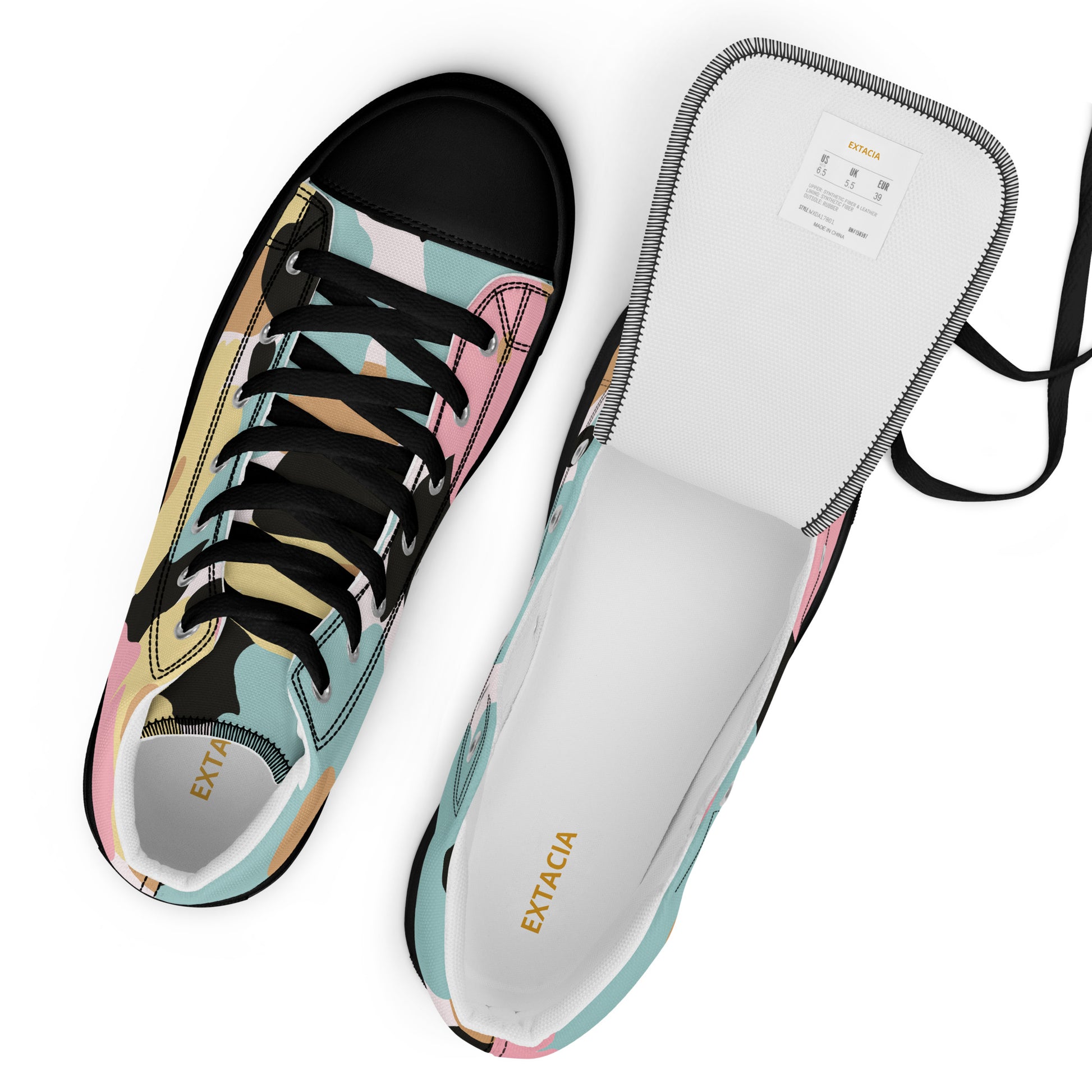 Baskets hautes femme - fleuri, pastel – vue de dessus, laçage et œillets - semelle noire