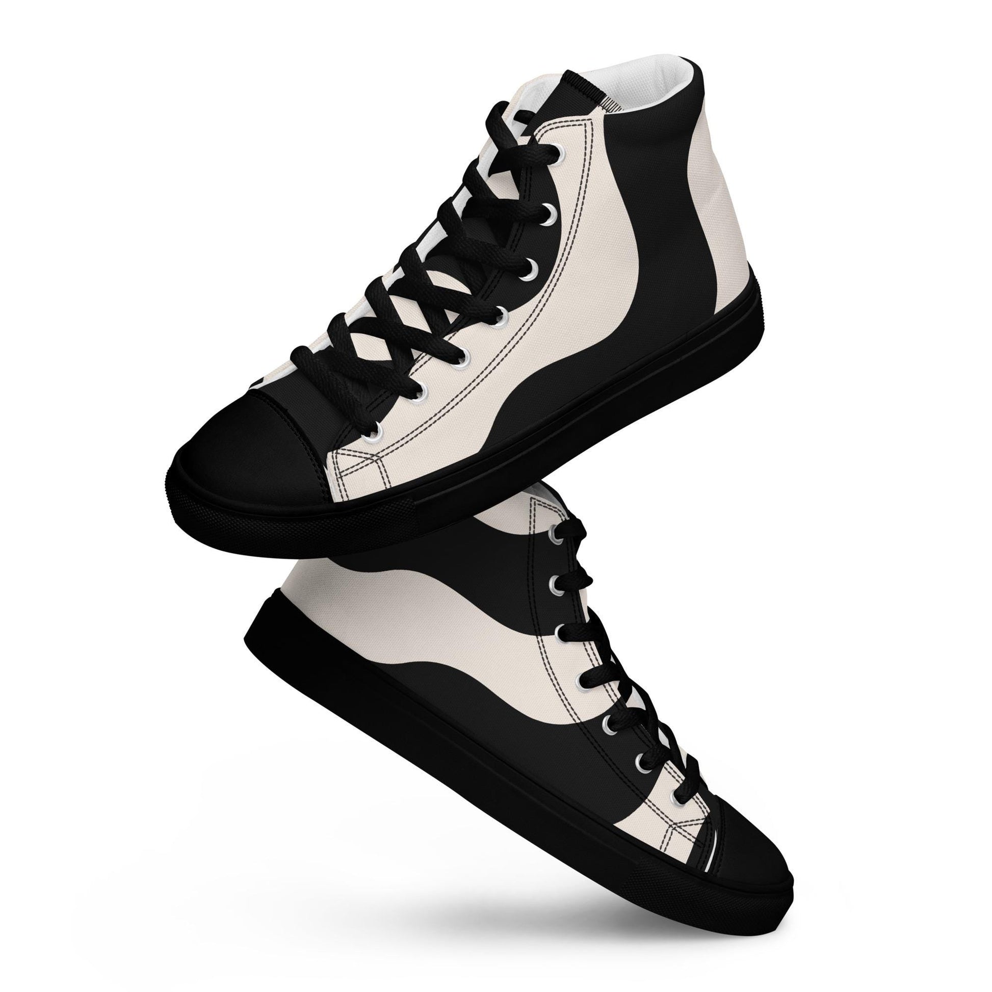 Baskets montantes homme - beige et noir, graphique - semelle noire en toile – vue latérale, laçage ajustable