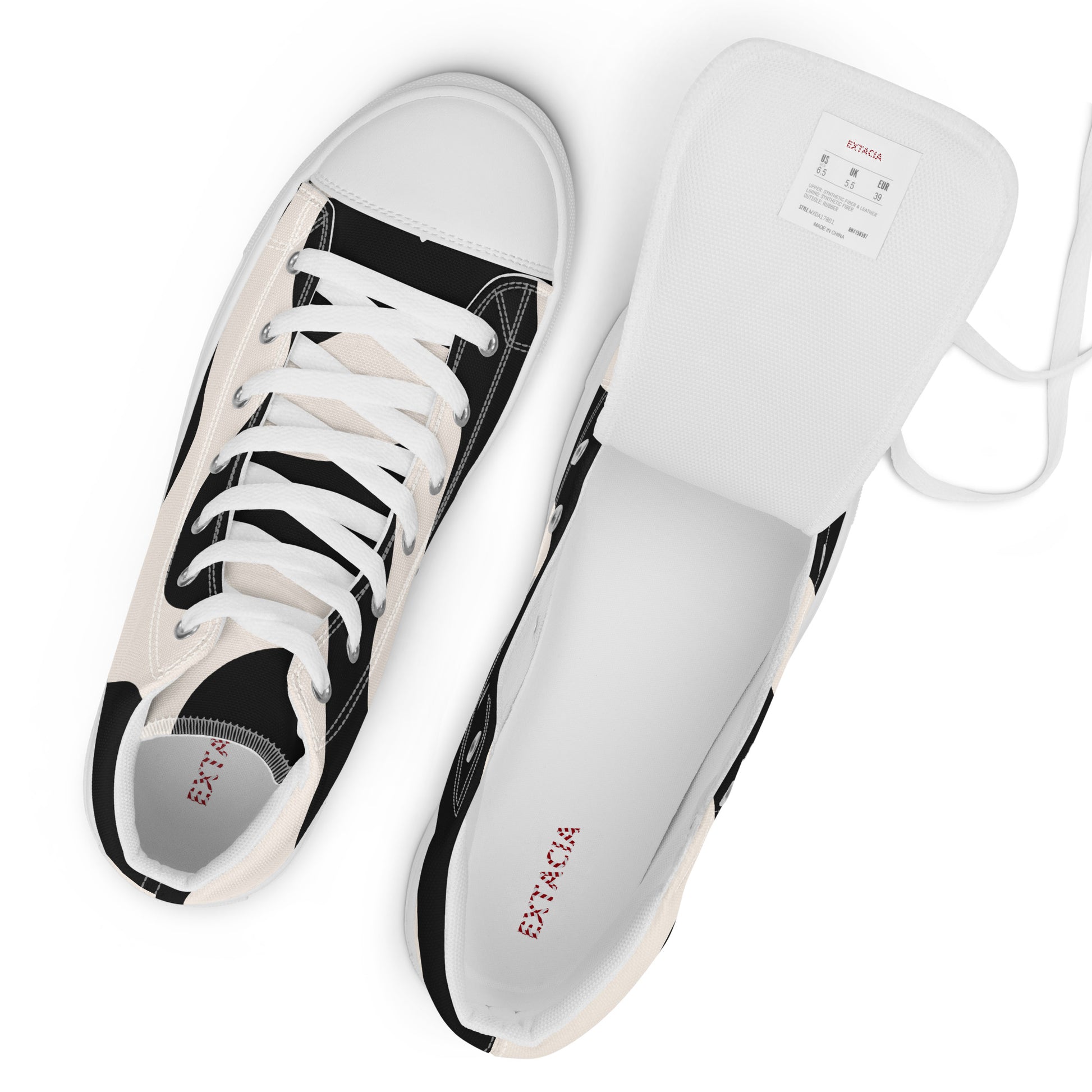 Baskets montantes homme – vue de dessus, œillets et languette - beige et noir, graphique - semelle blanche