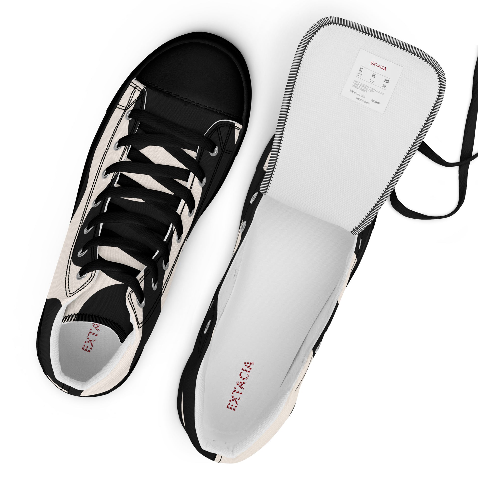 Baskets montantes homme – vue de dessus, œillets et languette - beige et noir, graphique - semelle noire