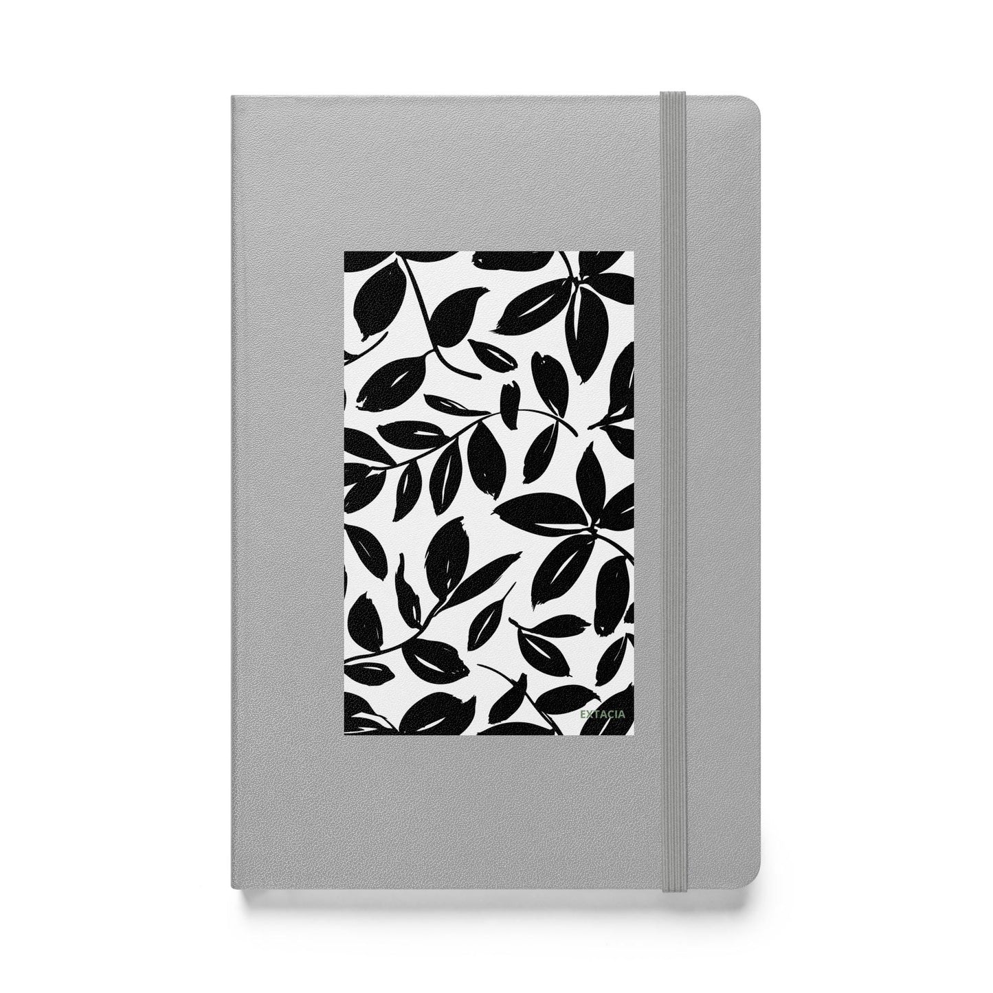 Carnet à couverture rigide vue de face, design minimal - argent - A5 – jardin blanc et noir