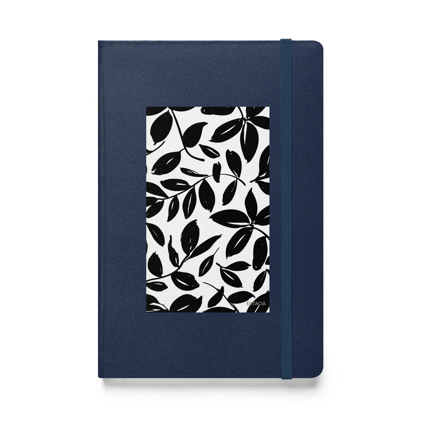 Carnet à couverture rigide vue de face, design minimal - bleu marine - A5 – jardin blanc et noir