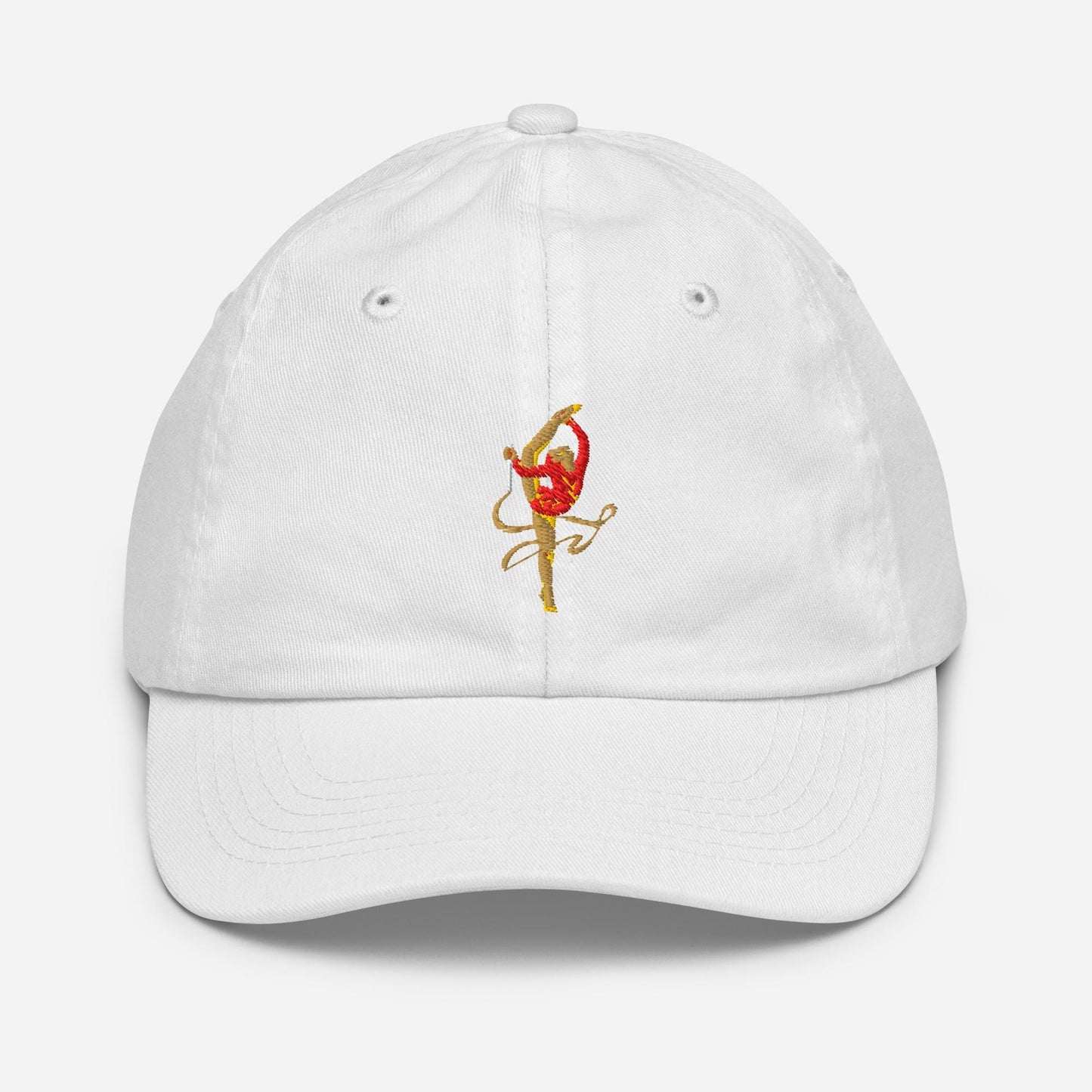 Casquette bébé & fille - coton bio – vue de face, visière protectrice - blanc, motif brodé gymnaste danseuse