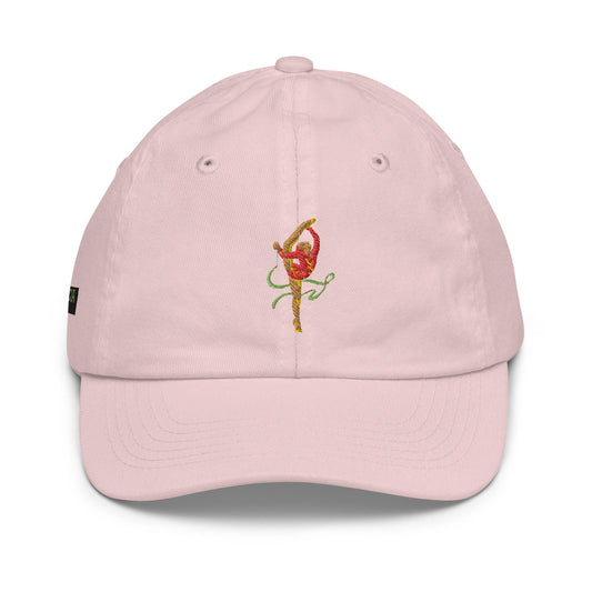 Casquette bébé & fille - coton bio – vue de face, visière protectrice - rose pale, motif brodé gymnaste danseuse