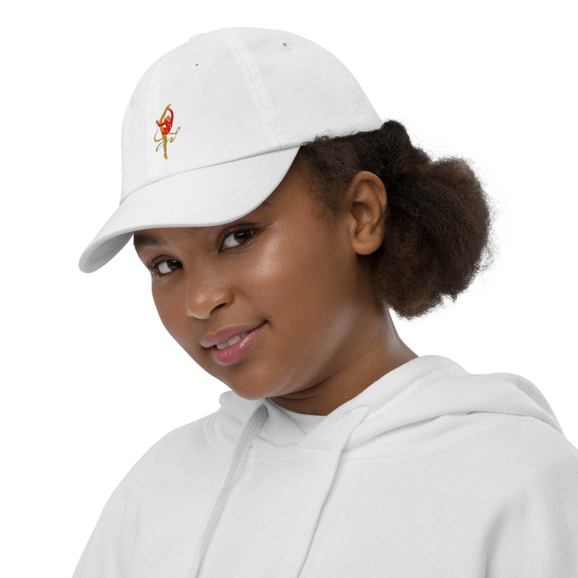 Casquette bébé & fille – vue de profil, maintien confortable -blanc motif brodé gymnaste, danseuse