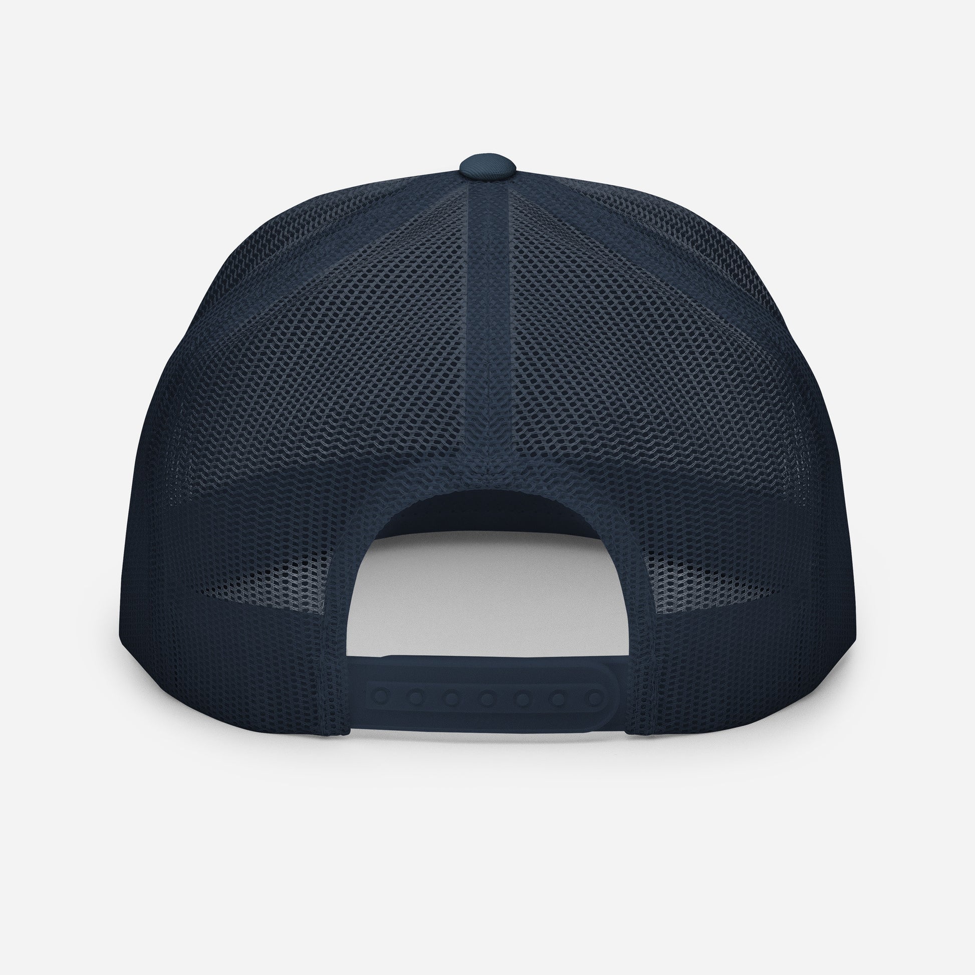 Casquette trucker  – vue de dos, réglage snapback - bleu marine,  motif brode coeur deja pris