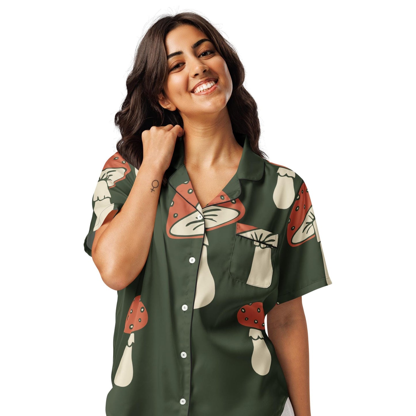 Chemisier de pyjama femme - manches courtes - vert champignon – vue de face, coupe fluide