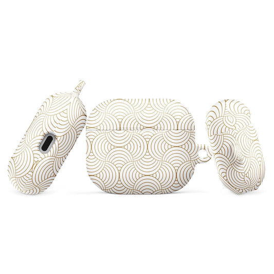 Coque AirPods résistante anti-choc & étanche – blanc et or spirales graphique minimaliste - profil, finition rigide et précision des découpes ExtaciaFrance