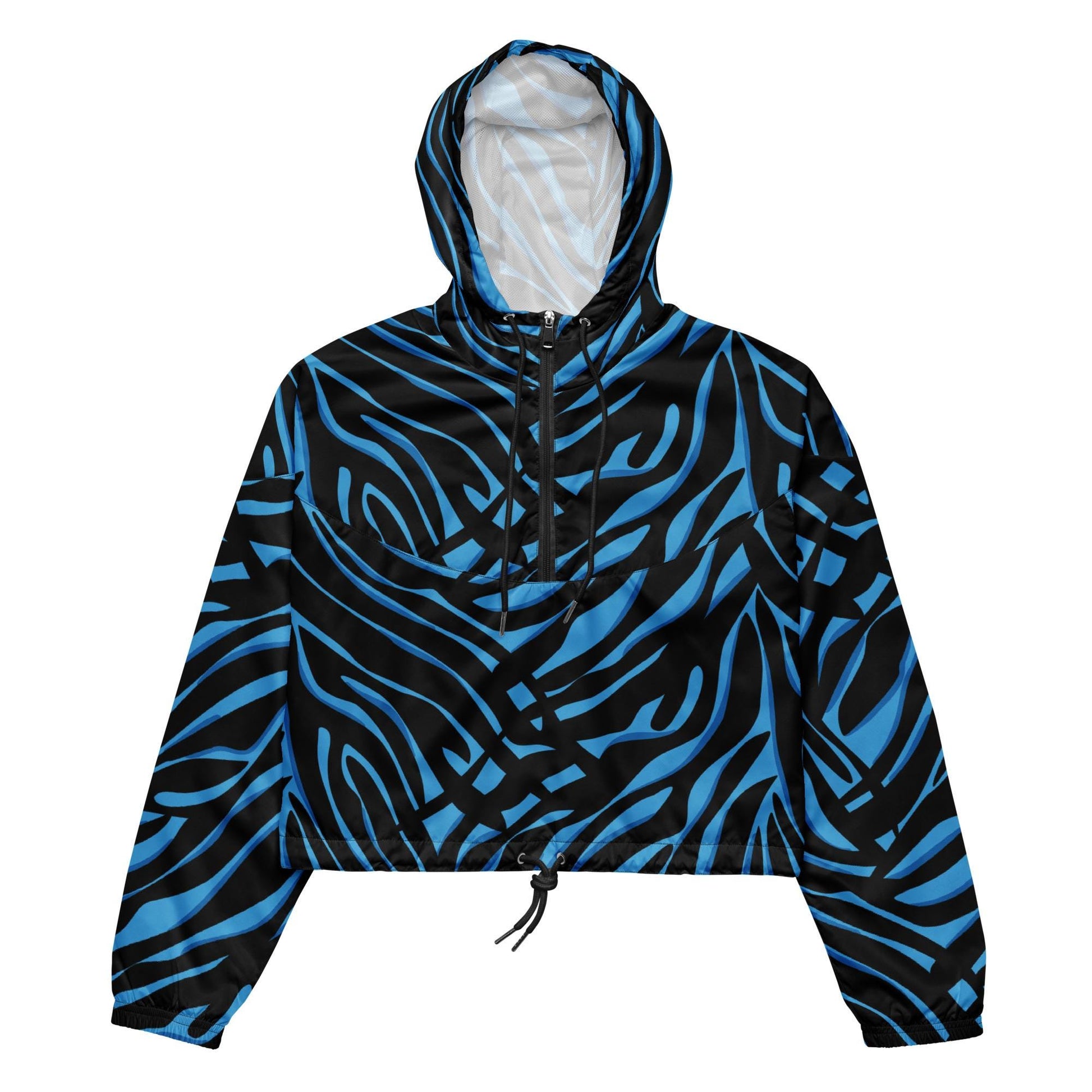 Détail du motif bleu et noir et des cordons, tissu technique léger et respirant