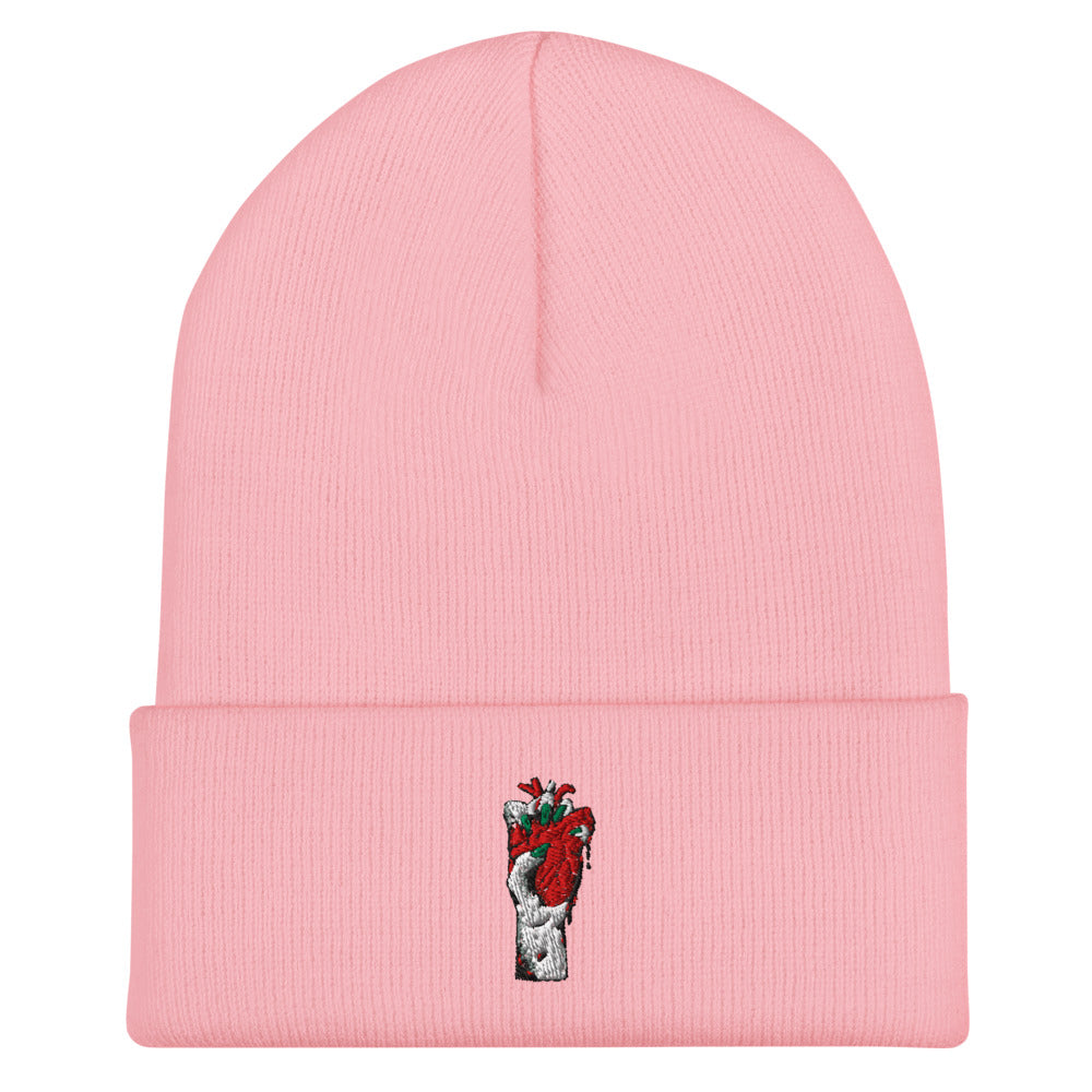 Détail du motif brodé et de la texture de la maille - rose  - Coeur déjà pris