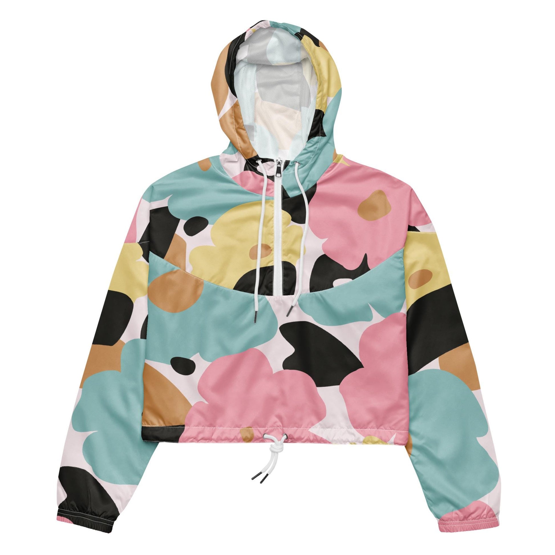 Détail du motif fleuri, pastel, et des cordons, tissu technique léger et respirant