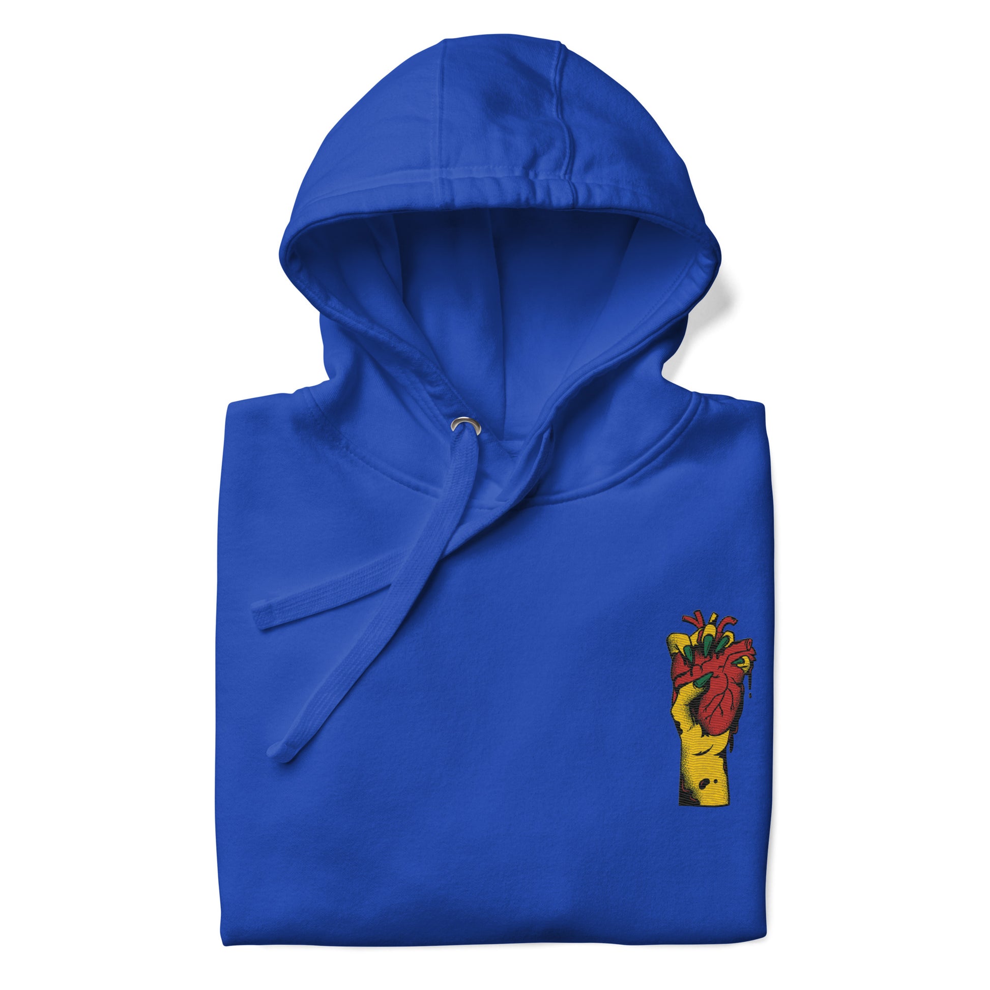 Détail du **motif imprimé** et trame coton, couture propre  - bleu royal   – Coeur déjà pris, rouge - motif brodé