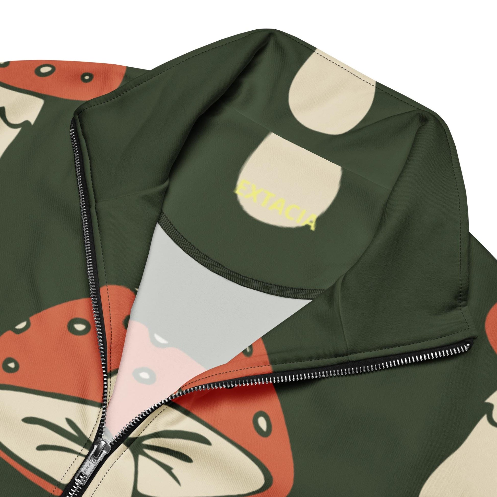 Détail du zip et des coutures, tissu technique en polyester recyclé