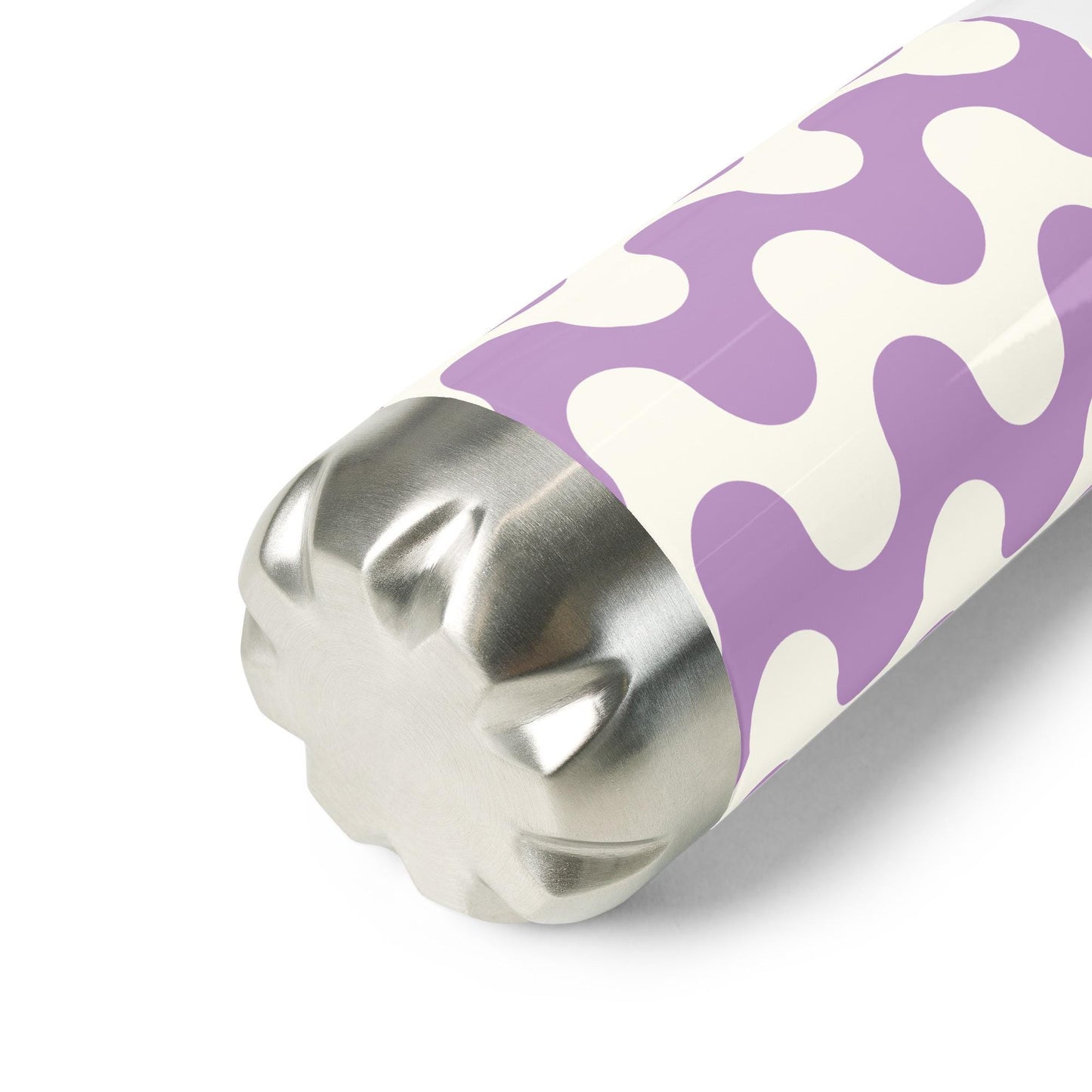 Gourde inox – vue 3/4, base antichoc/finition soignée. - graphique minimaliste blanc et violet