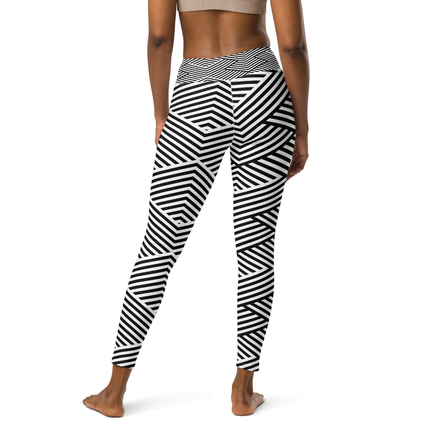 Legging de yoga femme blanc et noir à rayures - imprimé graphique minimaliste  -  – vue de dos, finitions propres