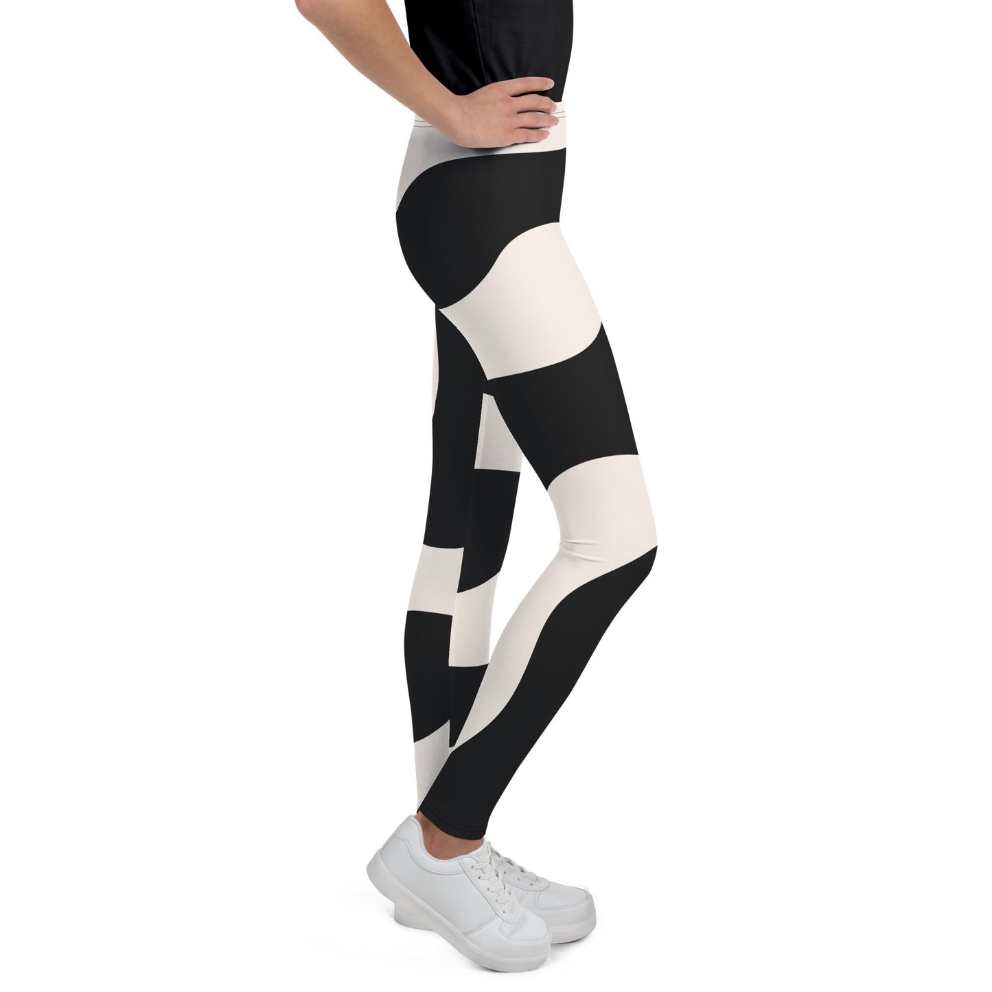 Legging fille ado - beige et noir à ondulations, graphique, minimaliste – Posture d’entraînement – vue de profil, stretch et maintien confortable
