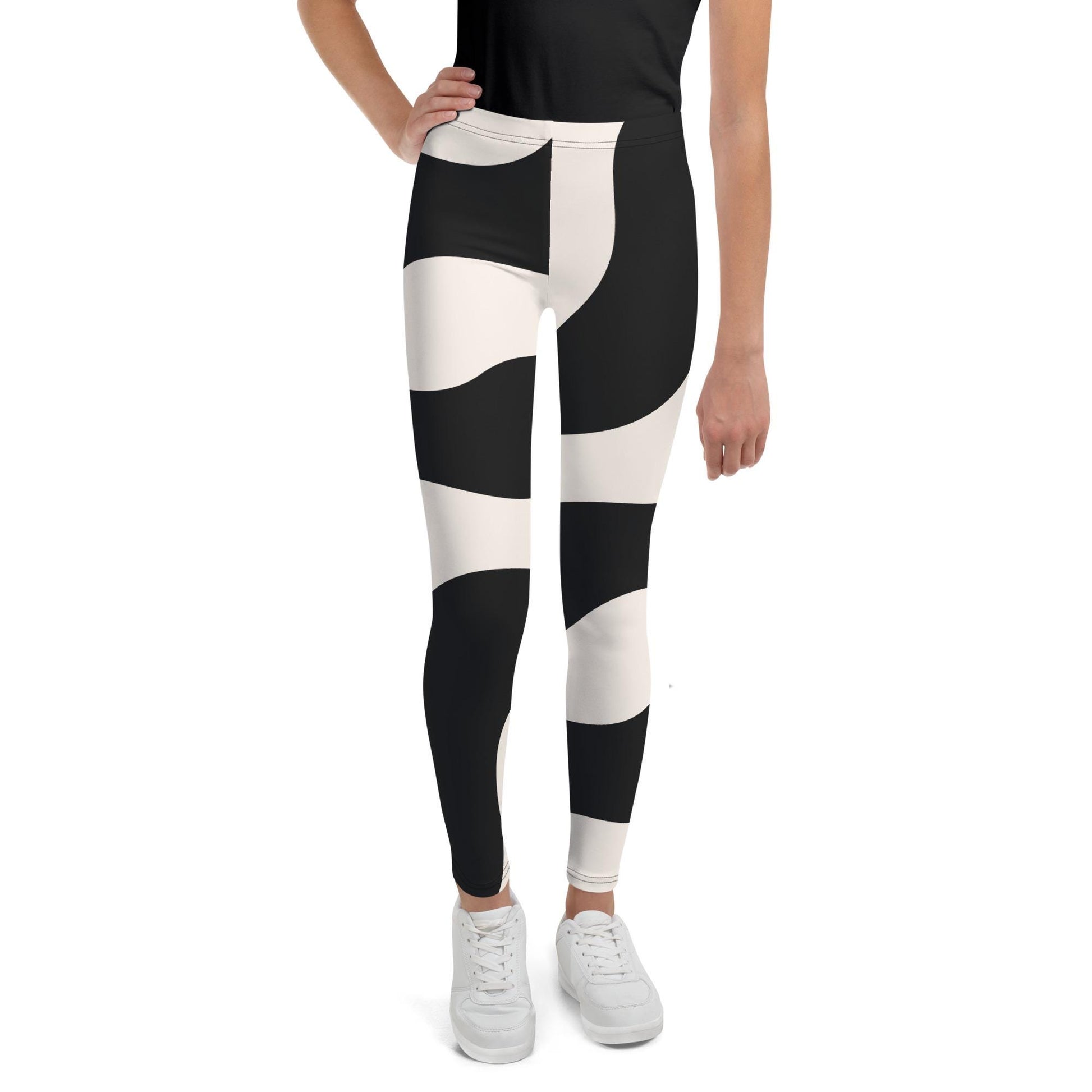 Legging fille ado - beige et noir à ondulations, graphique, minimaliste – vue de face, taille haute et coupe près du corps