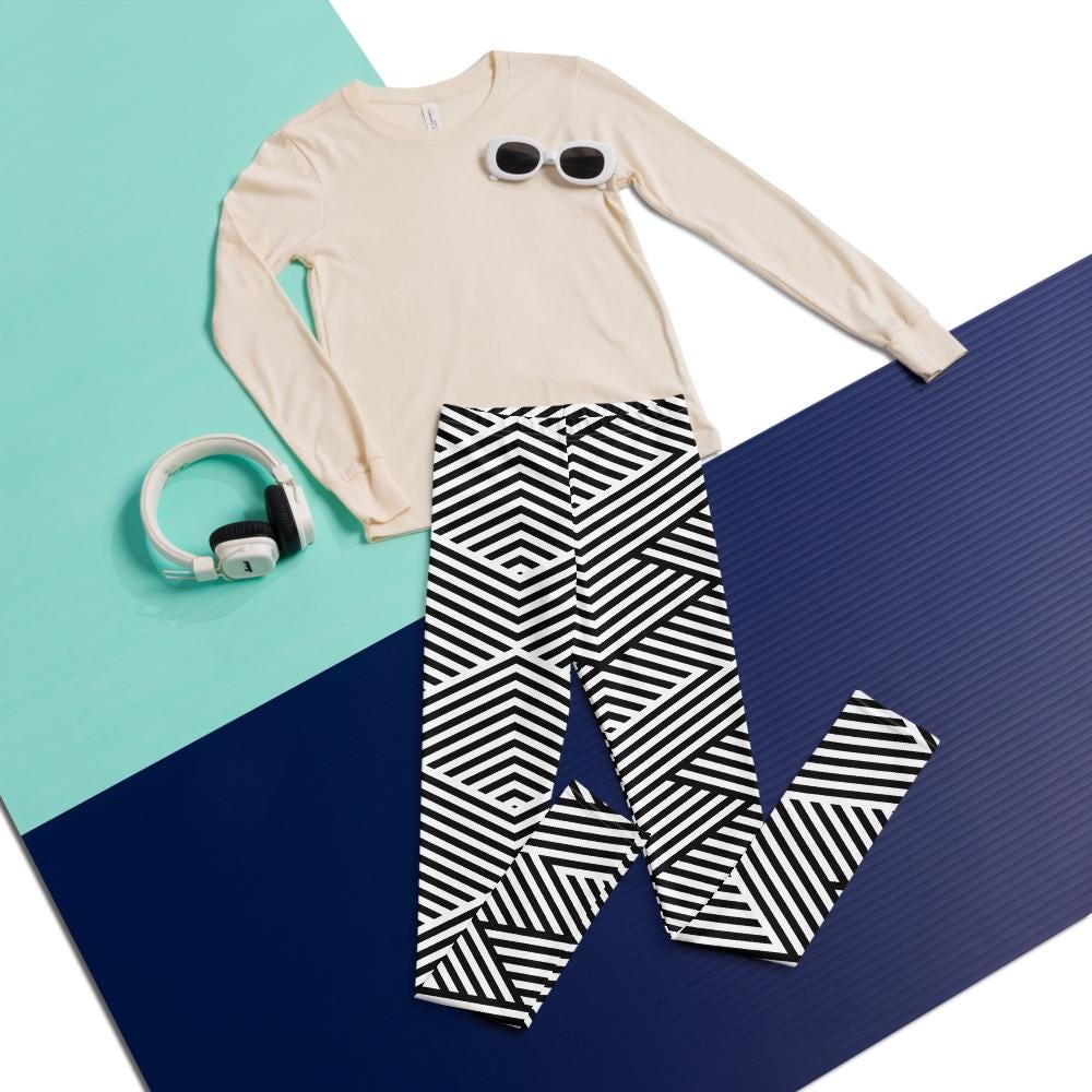 Legging fille ado - blanc et noir à rayures, graphique, minimaliste – Ceinture et ourlets