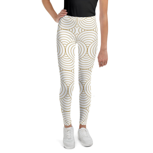 Legging fille ado - blanc et or à spirales, graphique, minimaliste – vue de face, taille haute et coupe près du corps