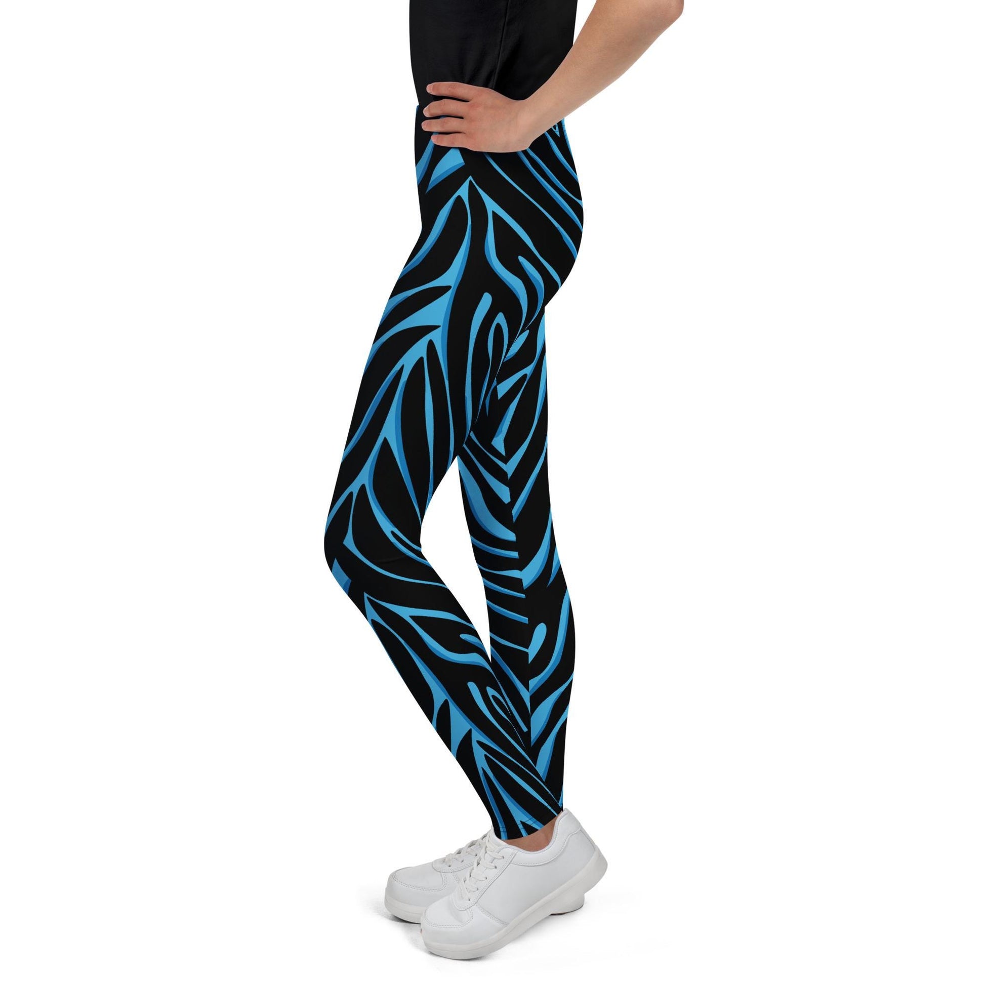 Legging fille ado -bleu et noir imprimé animal minimaliste – Posture d’entraînement – opaque en flexion