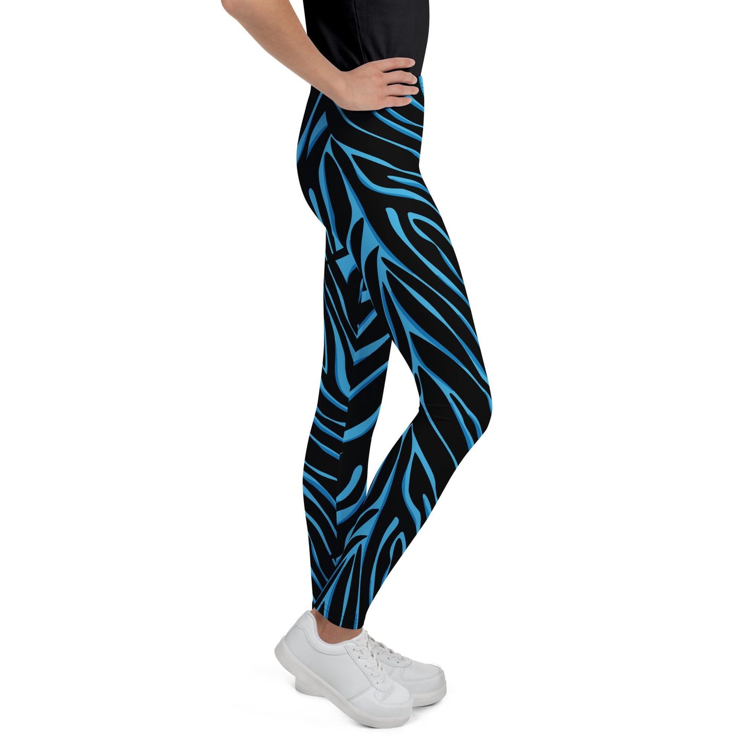 Legging fille ado -bleu et noir imprimé animal minimaliste – vue de profil, stretch et maintien confortable