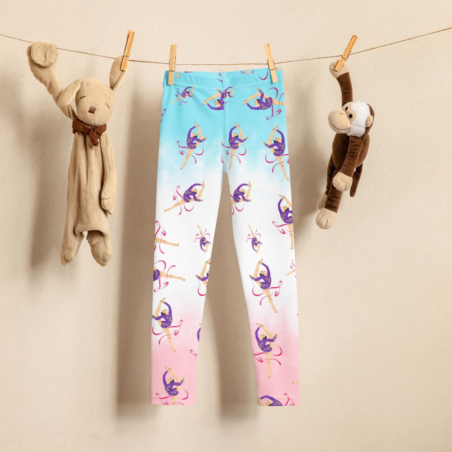 Leggings petite fille –   Détail matière **stretch** et ceinture confortable - bleu, blanc, rosé - motif gymnaste danseuse