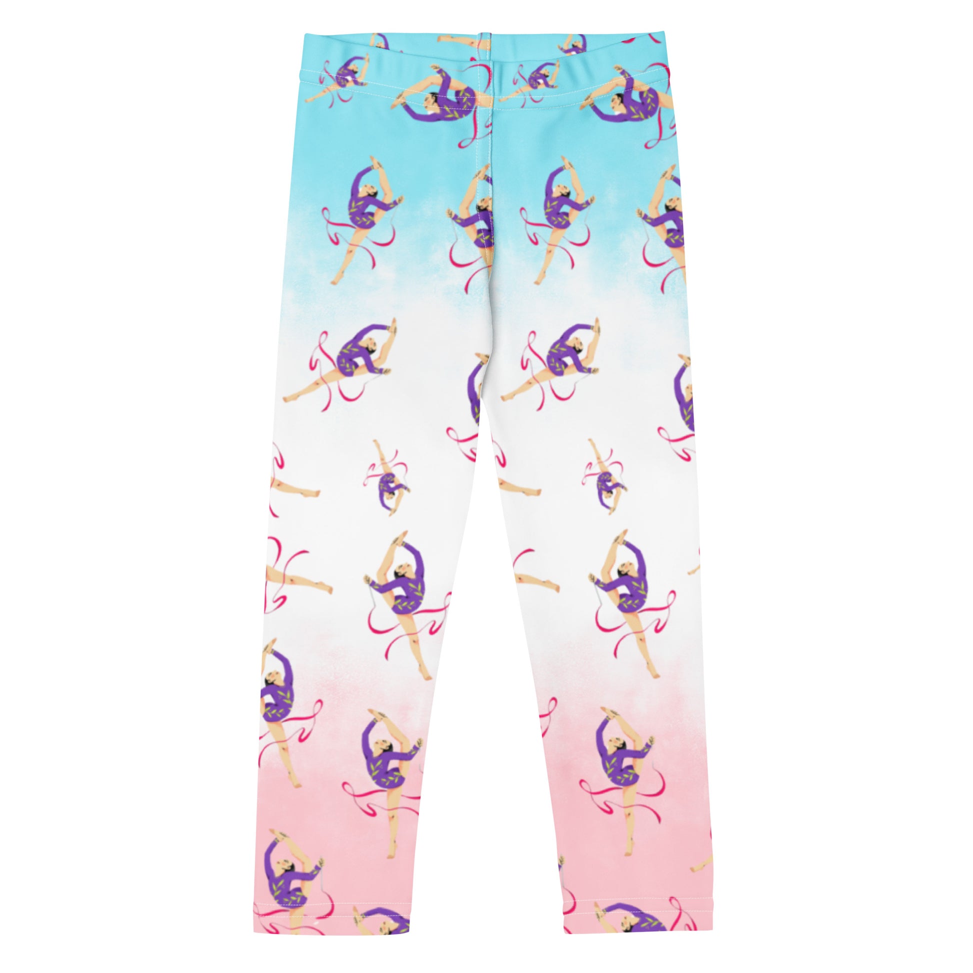 Leggings petite fille – Ourlets et coutures, leggings - bleu, blanc, rosé - motif gymnaste danseuse