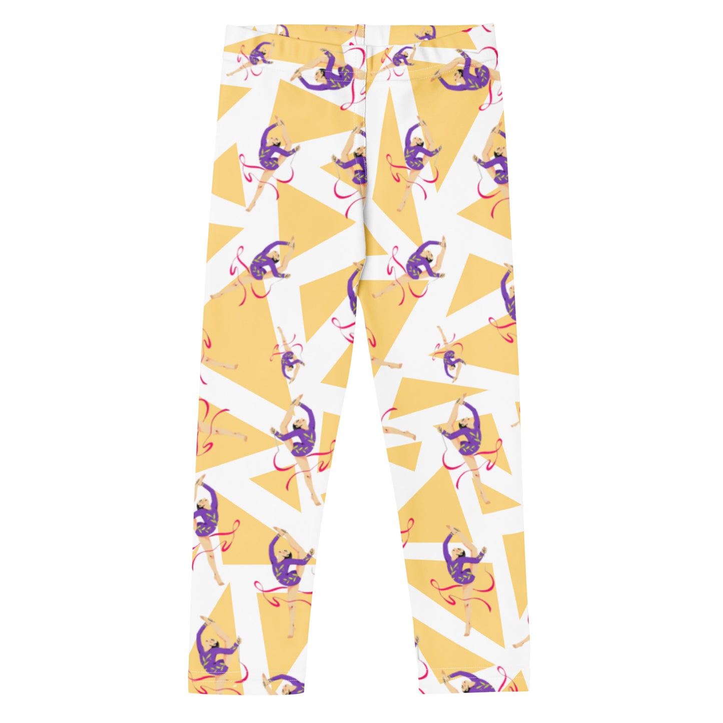 Leggings petite fille portés – Ourlets et coutures, leggings - blanc et jaune - motif gymnaste danseuse