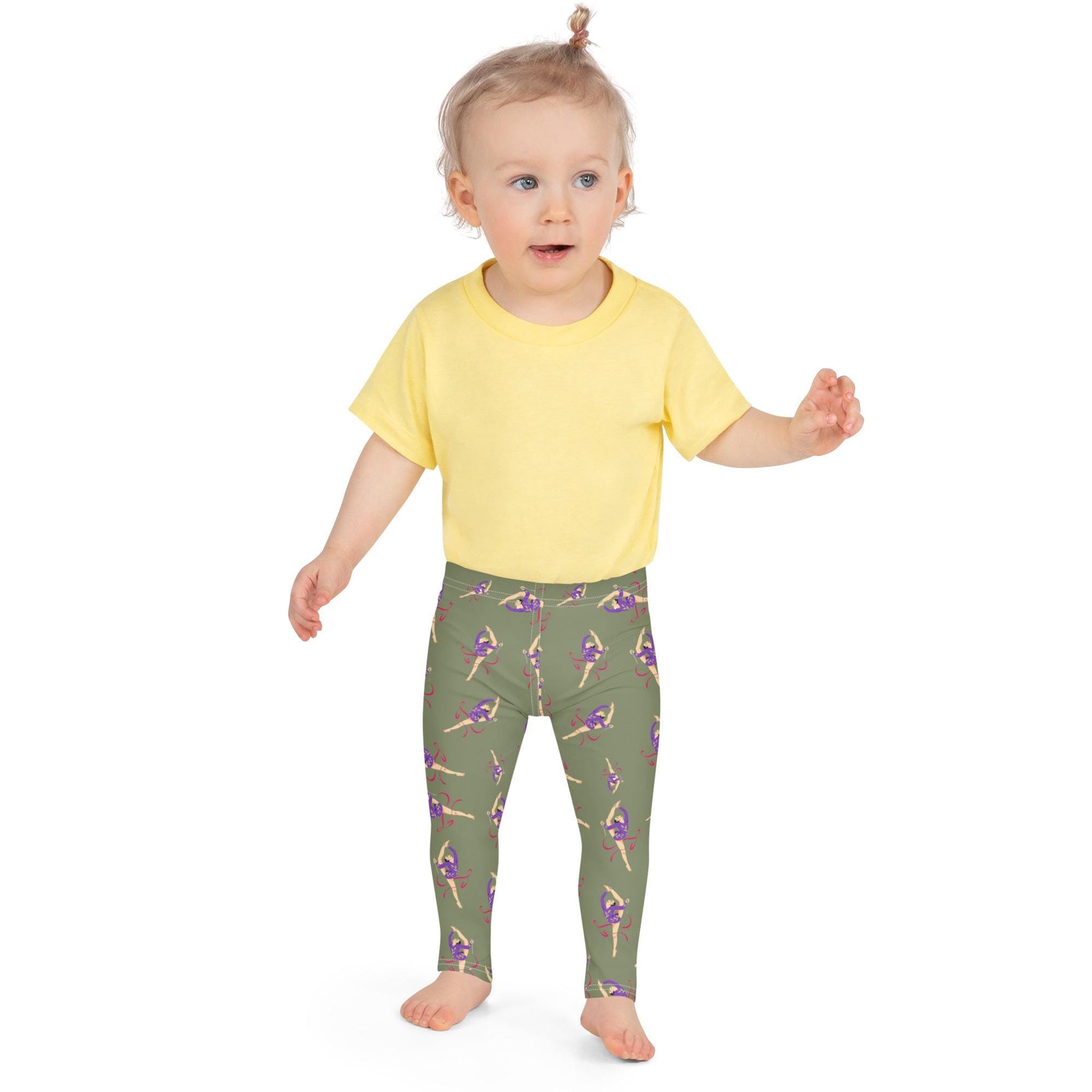 Leggings petite fille portés – crèche/école/danse, usage quotidien - Kaki - motif gymnaste danseuse