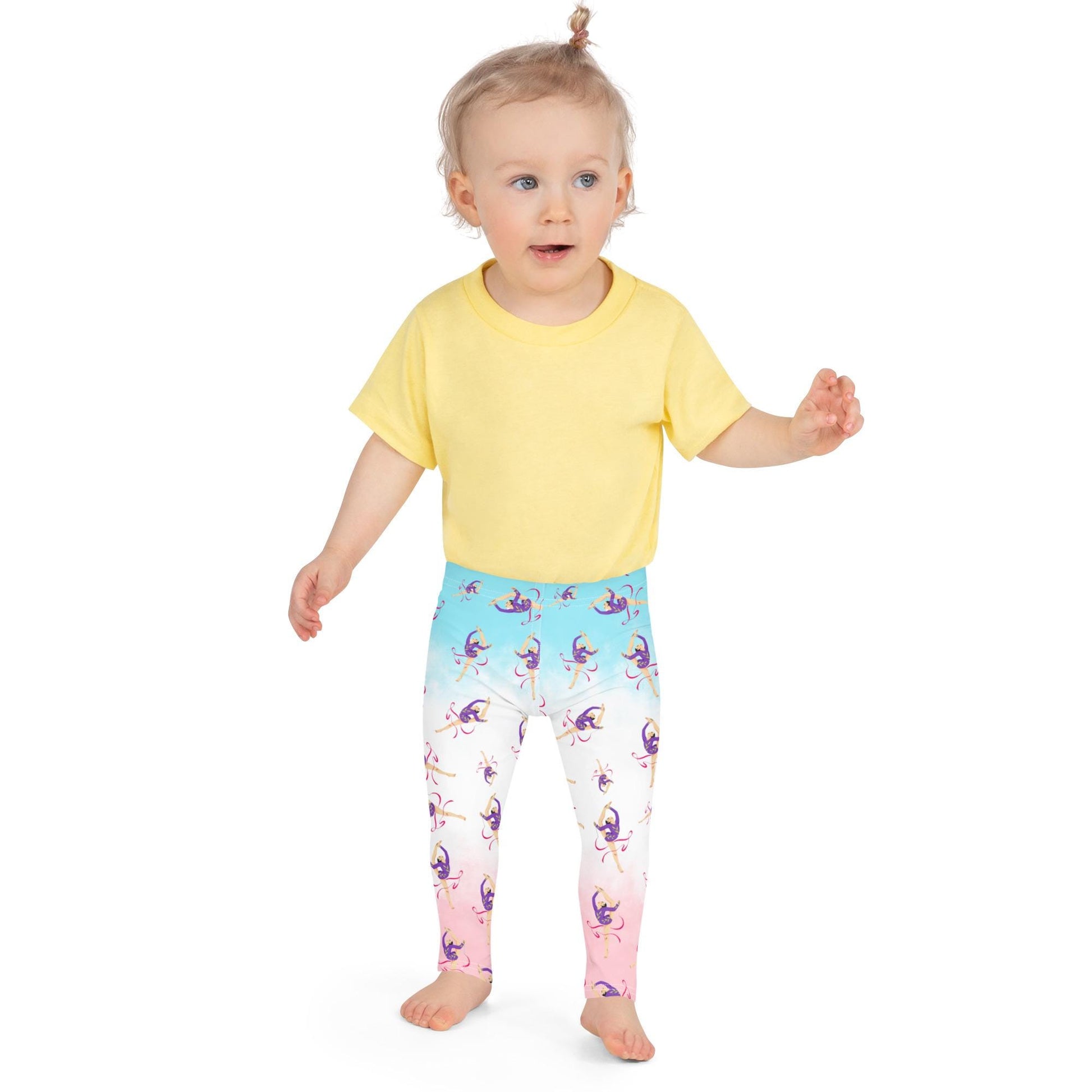 Leggings petite fille portés – crèche/école/danse, usage quotidien - bleu blanc rosé - motif gymnaste danseuse