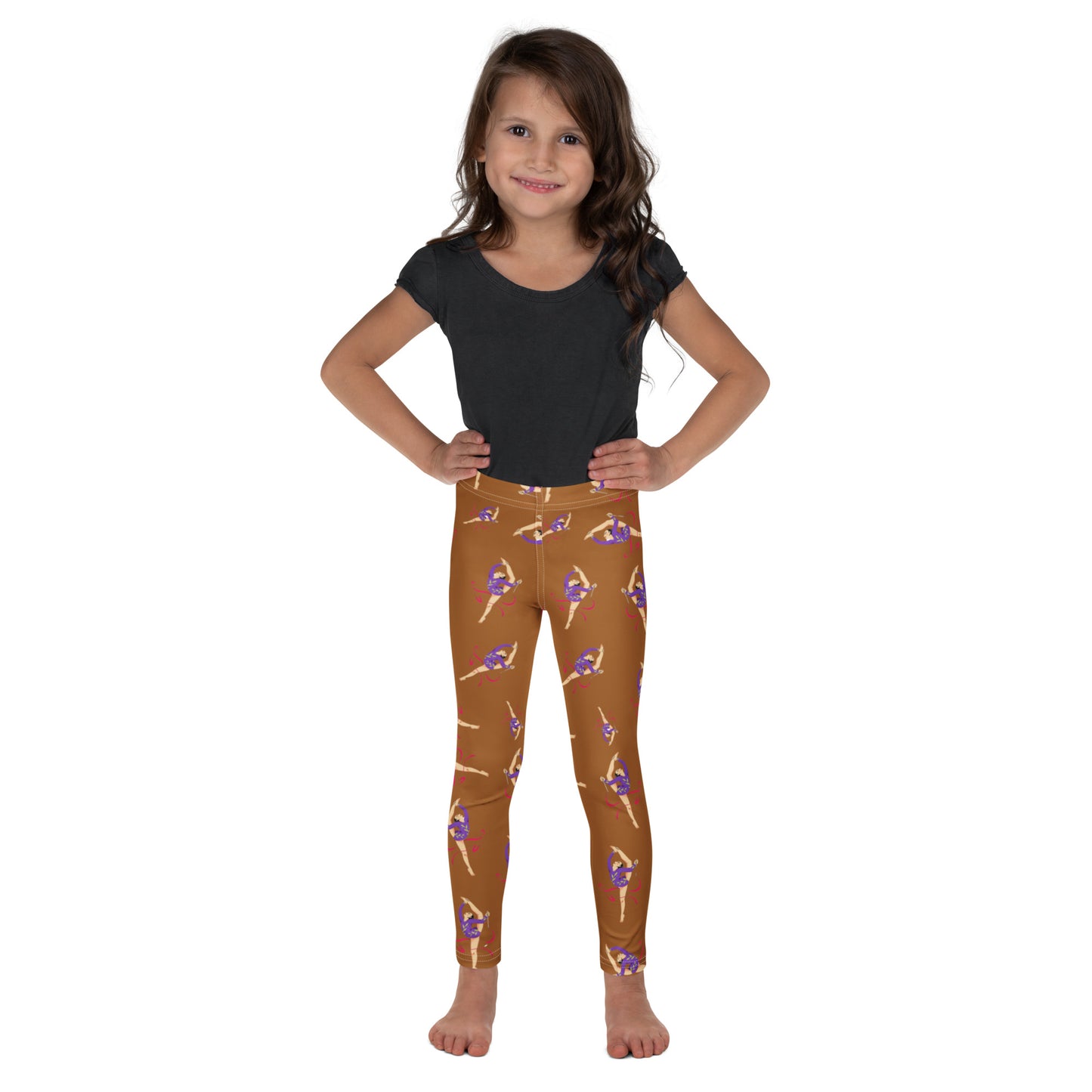 Leggings petite fille – vue de face, tissu doux et extensible - Caramel - motif gymnaste danseuse
