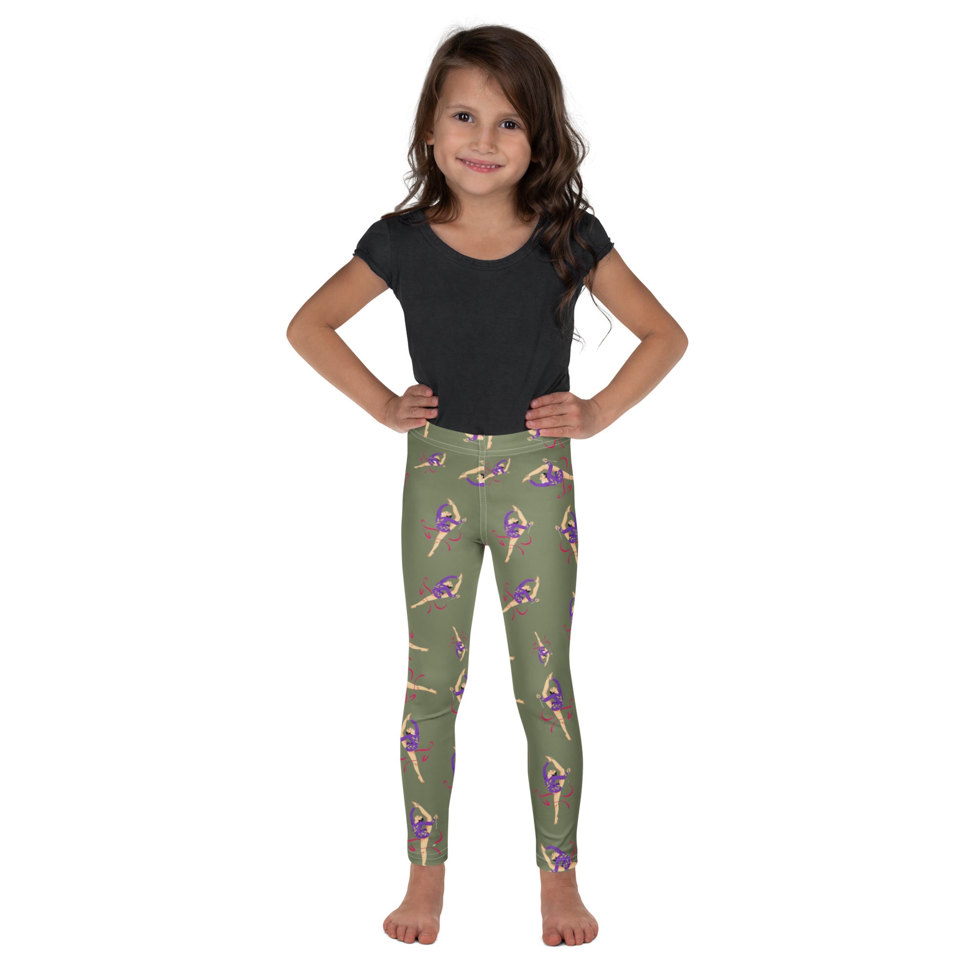 Leggings petite fille – vue de face, tissu doux et extensible - Kaki - motif gymnaste danseuse