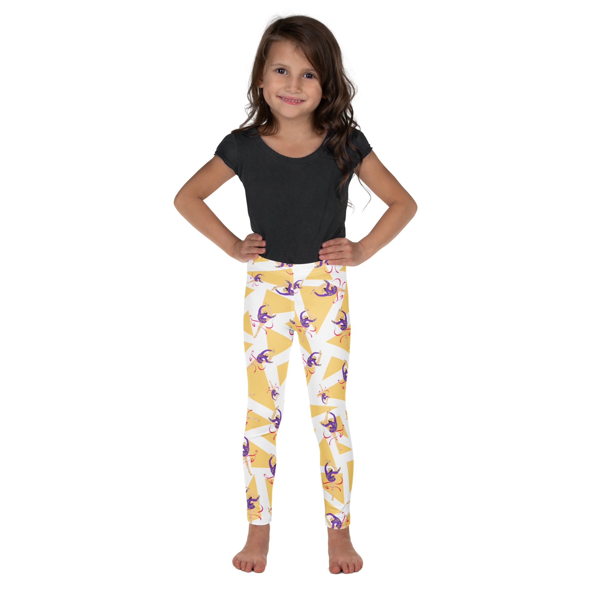 Leggings petite fille – vue de face, tissu doux et extensible - blanc et jaune - motif gymnaste danseuse