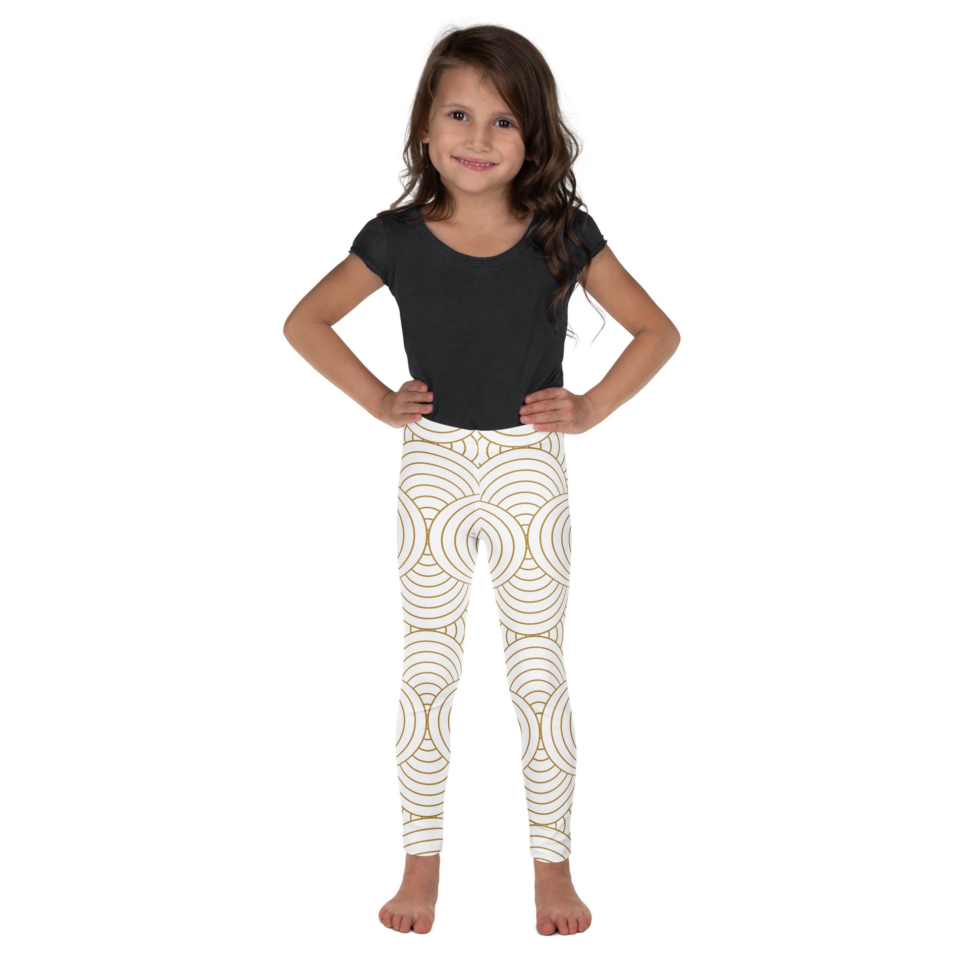 Leggings petite fille – vue de face, tissu doux et extensible - blanc et or - motif gymnaste danseuse