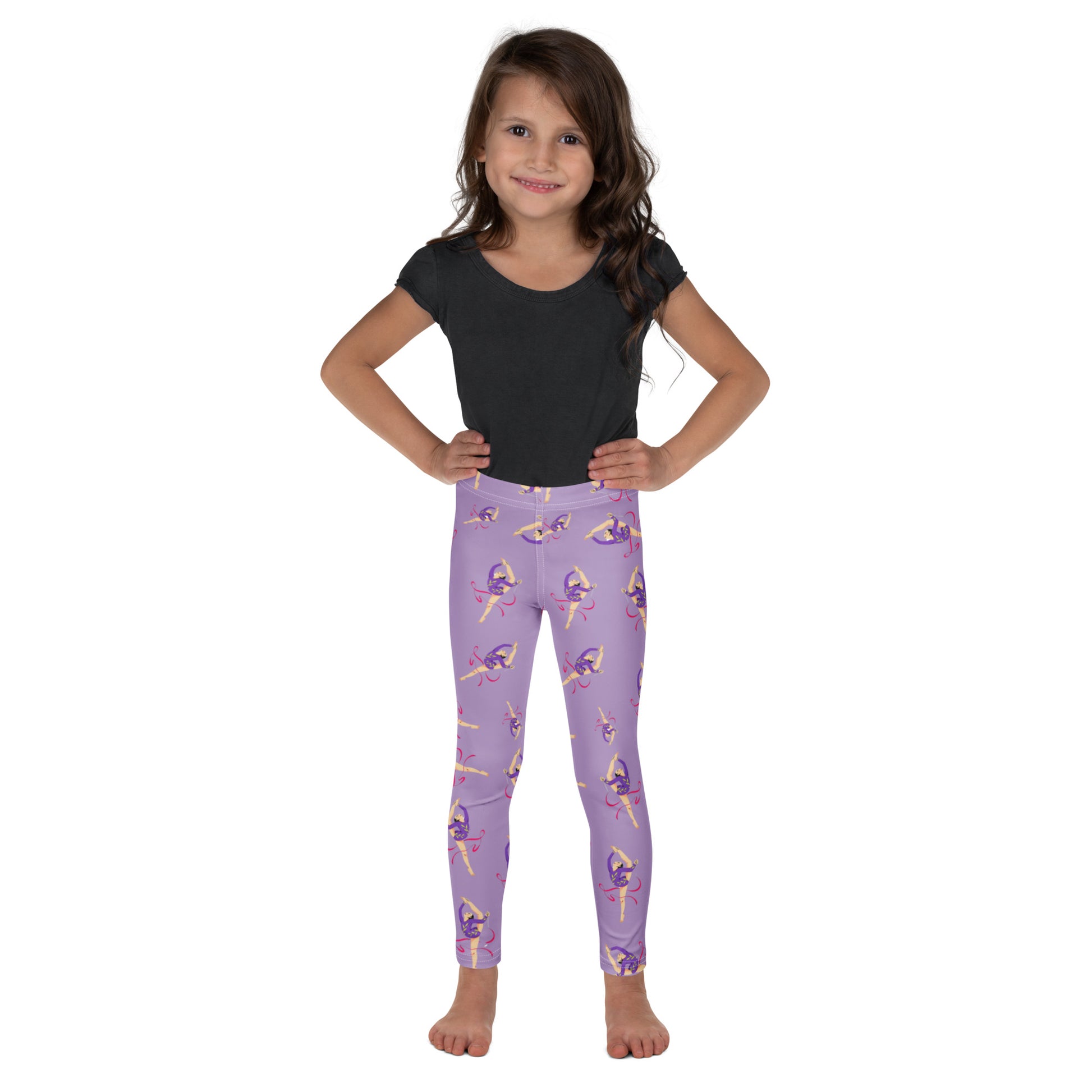 Leggings petite fille – vue de face, tissu doux et extensible  - lila - motif gymnaste danseuse