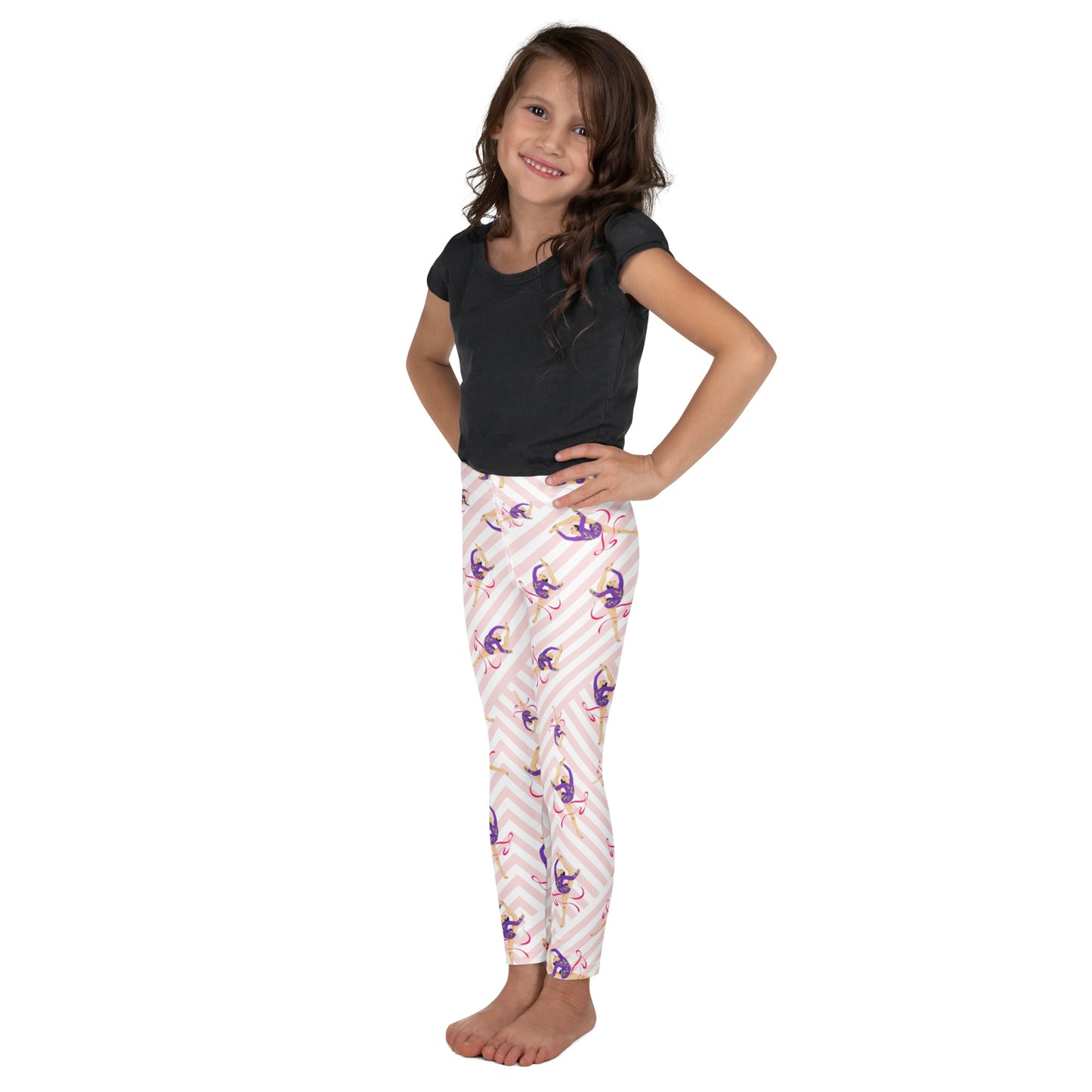 Leggings petite fille– vue de profil, confort et liberté de mouvement - blanc et rose - motif gymnaste danseuse