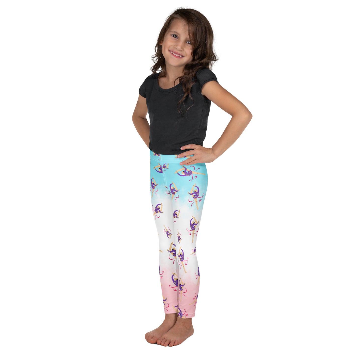 Leggings petite fille– vue de profil, confort et liberté de mouvement - bleu, blanc, rosé - motif gymnaste danseuse