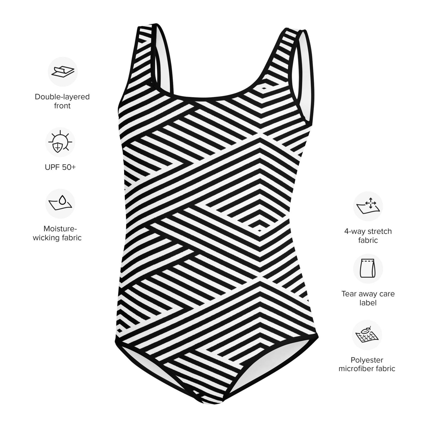 Maillot 1 pièce fille ado - blanc et noir rayures graphique minimaliste – Détail matière extensible et séchage rapide