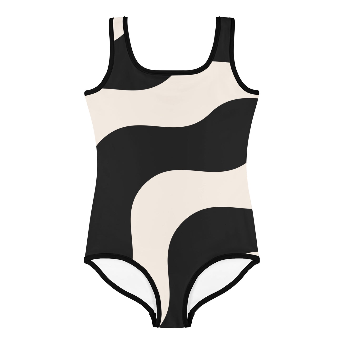 Maillot de bain enfant - beige et noir à ondulations, graphique, minimaliste – 	Gros plan encolure/ourlets, maillot 1 pièce