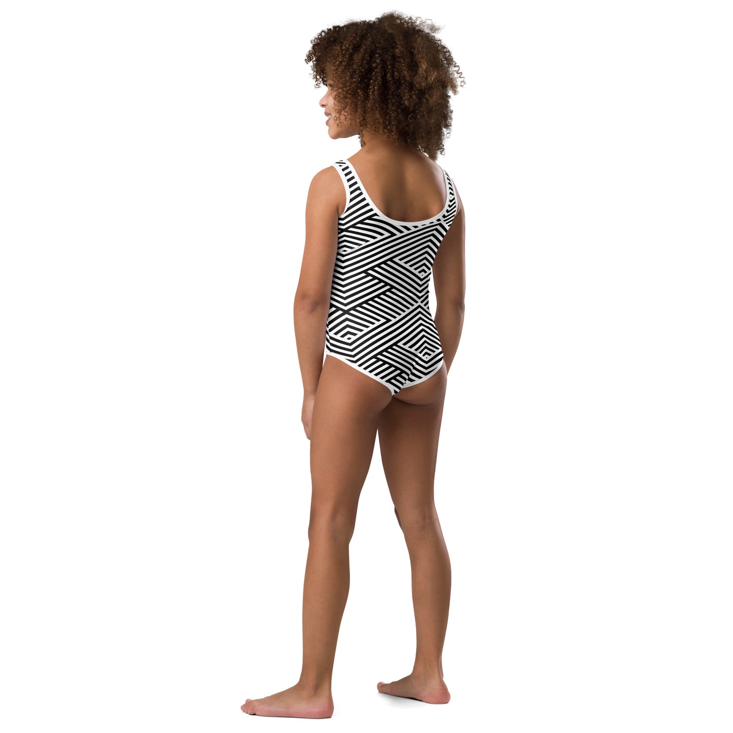 Maillot de bain enfant - blanc et noir à rayures, graphique, minimaliste – vue de dos, finitions propres