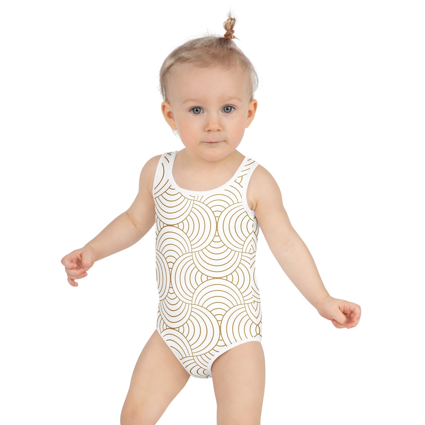 Maillot de bain enfant - blanc et or à spirales, graphique, minimaliste – Porté à la plage/piscine – maintien fiable