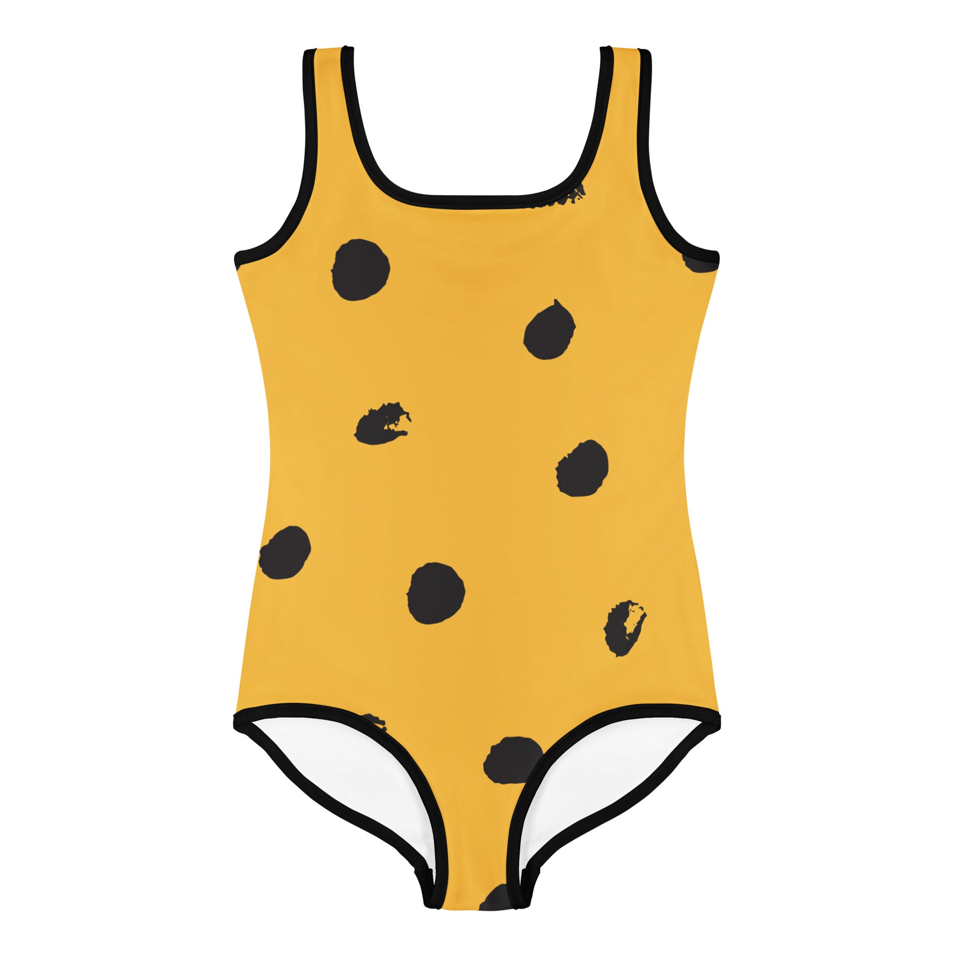 Maillot de bain enfant - jaune et noir à tacheté, imprimé animal, minimaliste – Gros plan encolure/ourlets, maillot 1 pièce