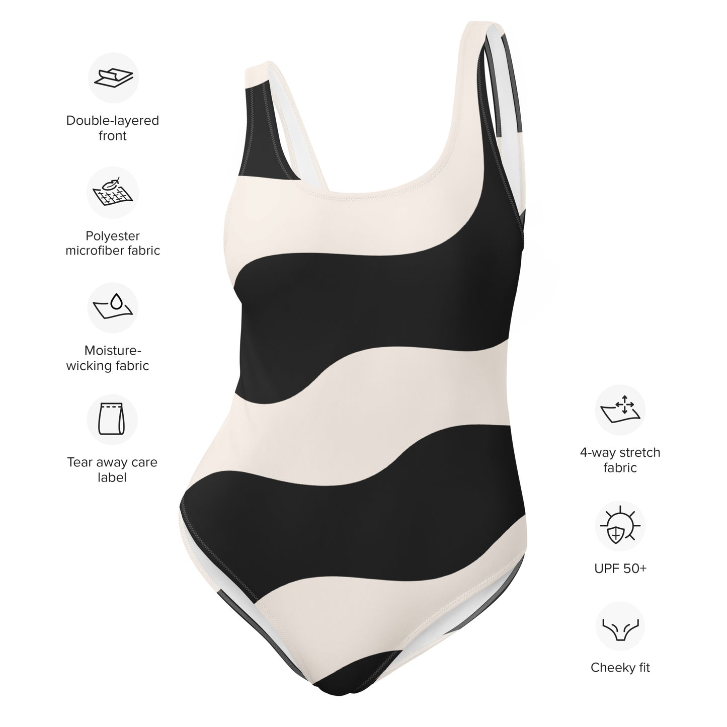 Maillot de bain une pièce femme  - beige et noir  graphique minimaliste -Détail matière extensible et séchage rapide, toucher doux