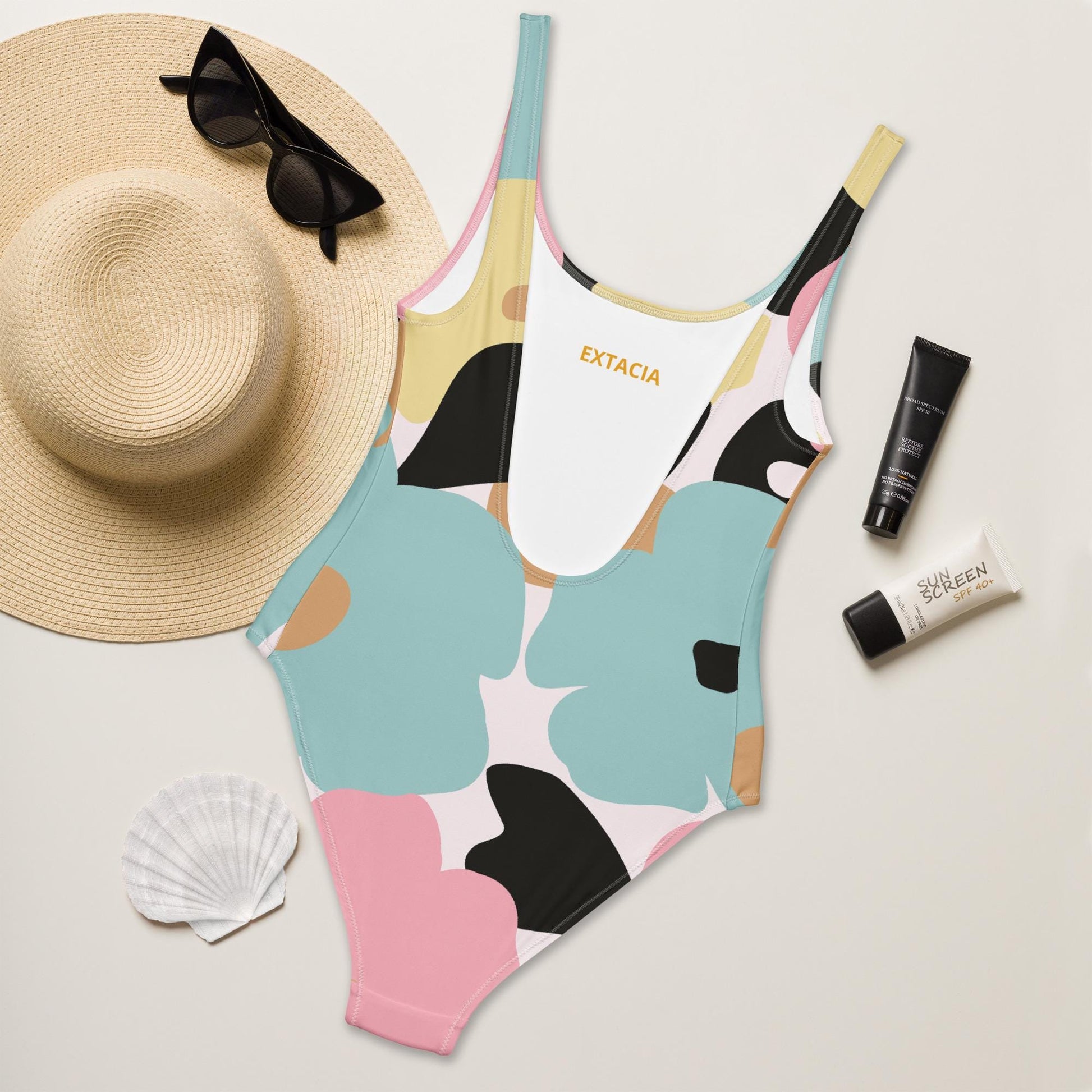 Maillot de bain une pièce femme  - fleuri pastel nature minimaliste - Gros plan encolure/ourlets,