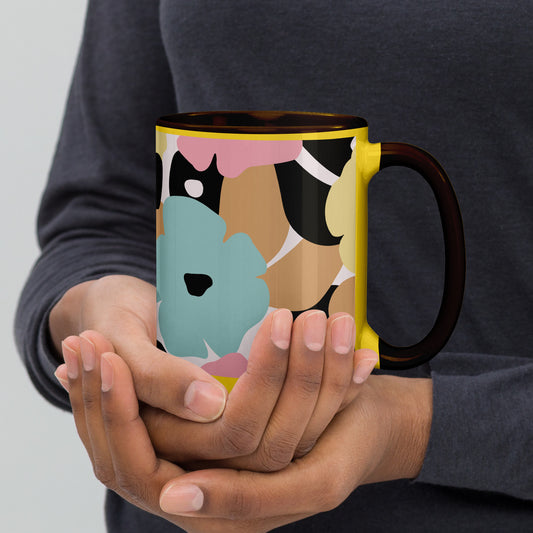Mug intérieur coloré 15 oz – fleuri, pastel nature minimaliste – profil, poignée confortable, finition intérieure contrastée
