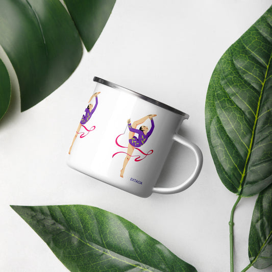 extaciafrance - Mug émaillé – Blanc – Format 12 oz, design pour camping & cuisine – Motif: Gymnaste au Ruban Rouge - branding side