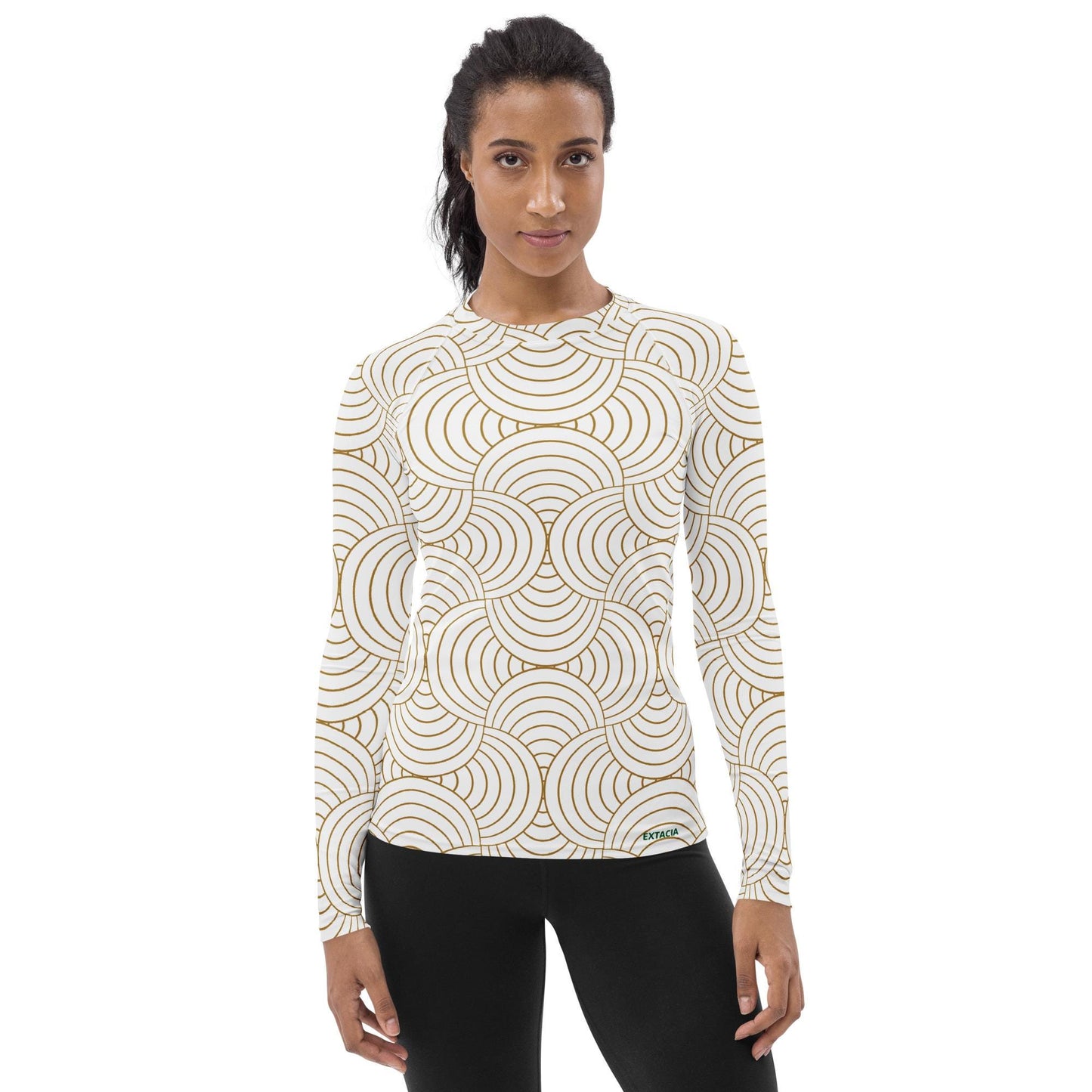 Rash guard femme - blanc et or graphique à ondulations graphique minimaliste   - - Détail maille technique, confort près du corps